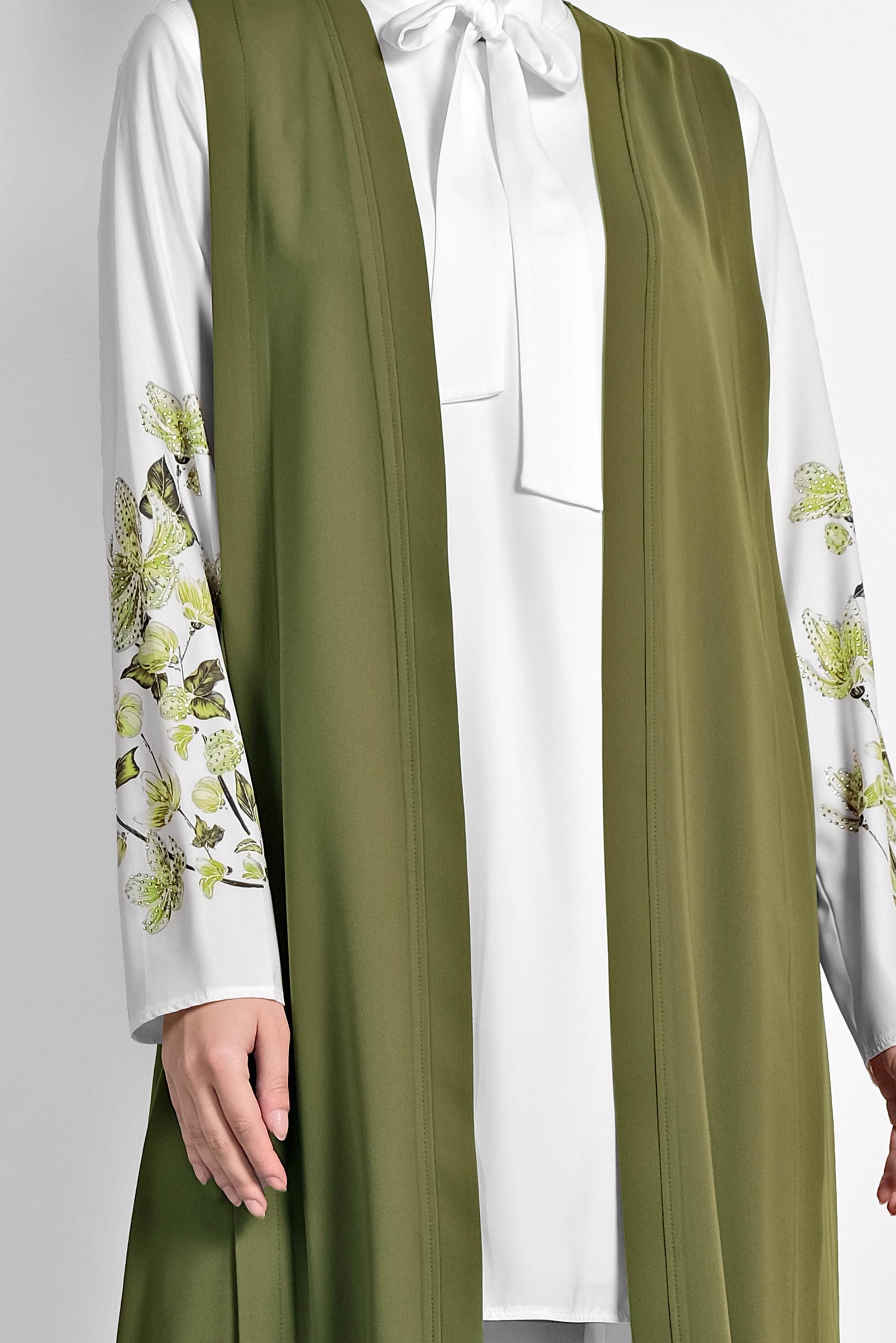 Tesettür giyim YEŞİL KOLLARI ÇİÇEK DESENLİ ÜÇLÜ PANTOLONLU TAKIM 3513 