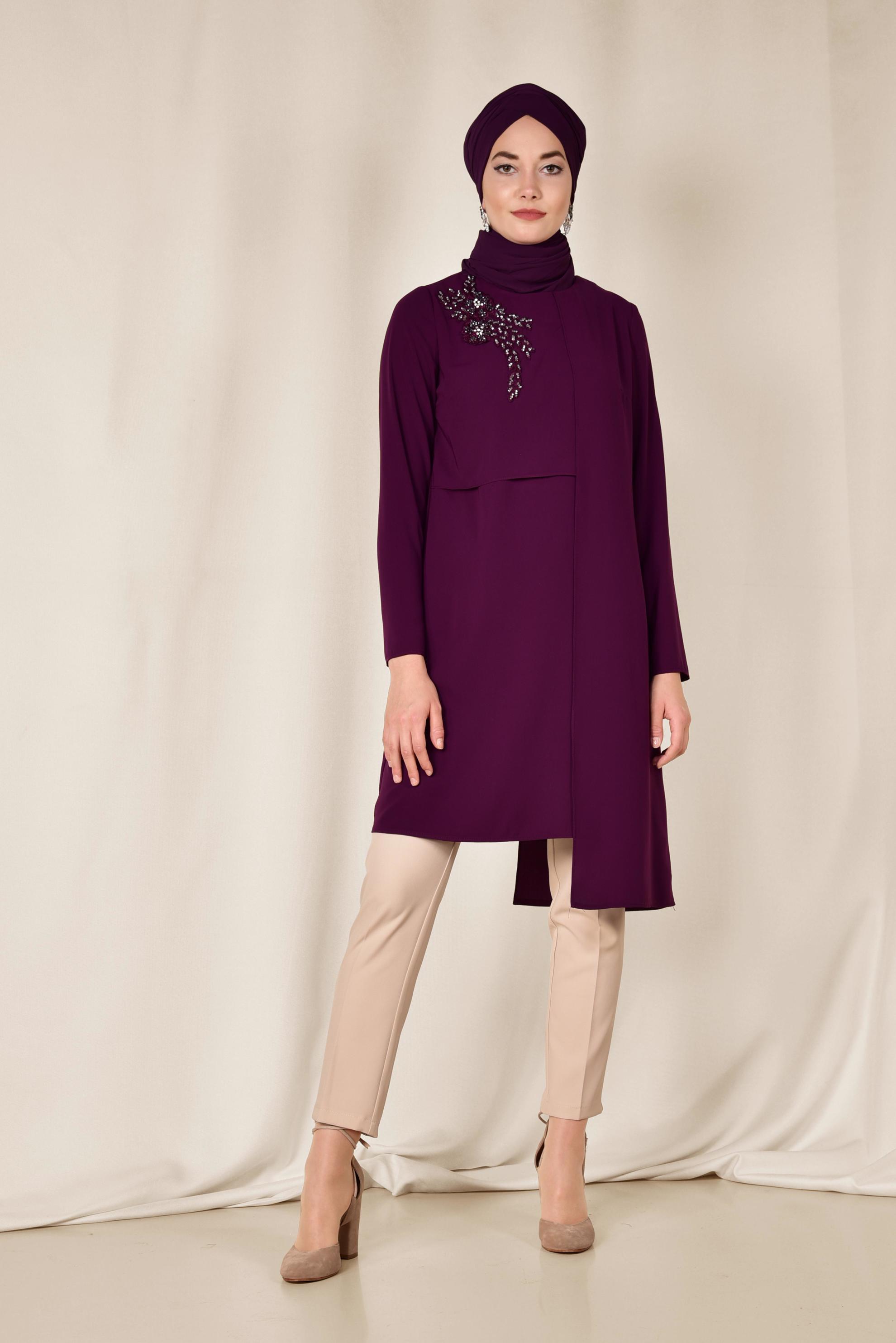 Tesettür giyim MOR OMUZU TAŞ İŞLEMELİ ASİMETRİK 2&prime;Lİ PANTOLONLU TAKIM 3514