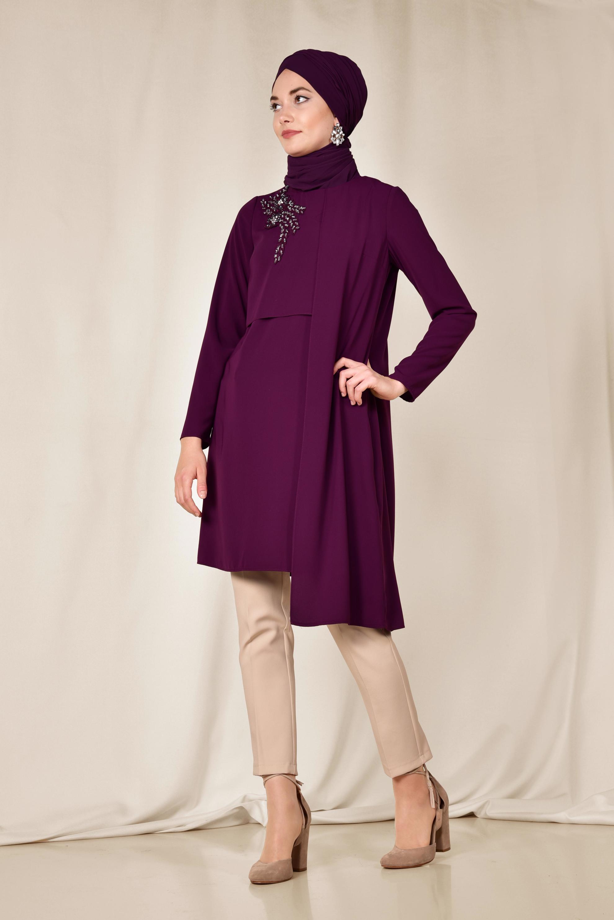 Tesettür giyim MOR OMUZU TAŞ İŞLEMELİ ASİMETRİK 2&prime;Lİ PANTOLONLU TAKIM 3514