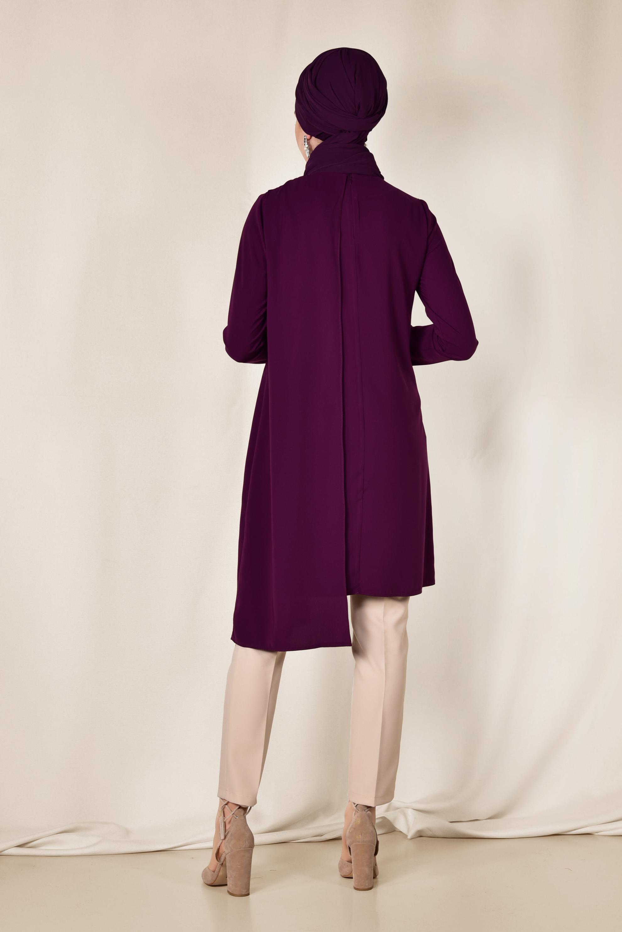 Tesettür giyim MOR OMUZU TAŞ İŞLEMELİ ASİMETRİK 2&prime;Lİ PANTOLONLU TAKIM 3514
