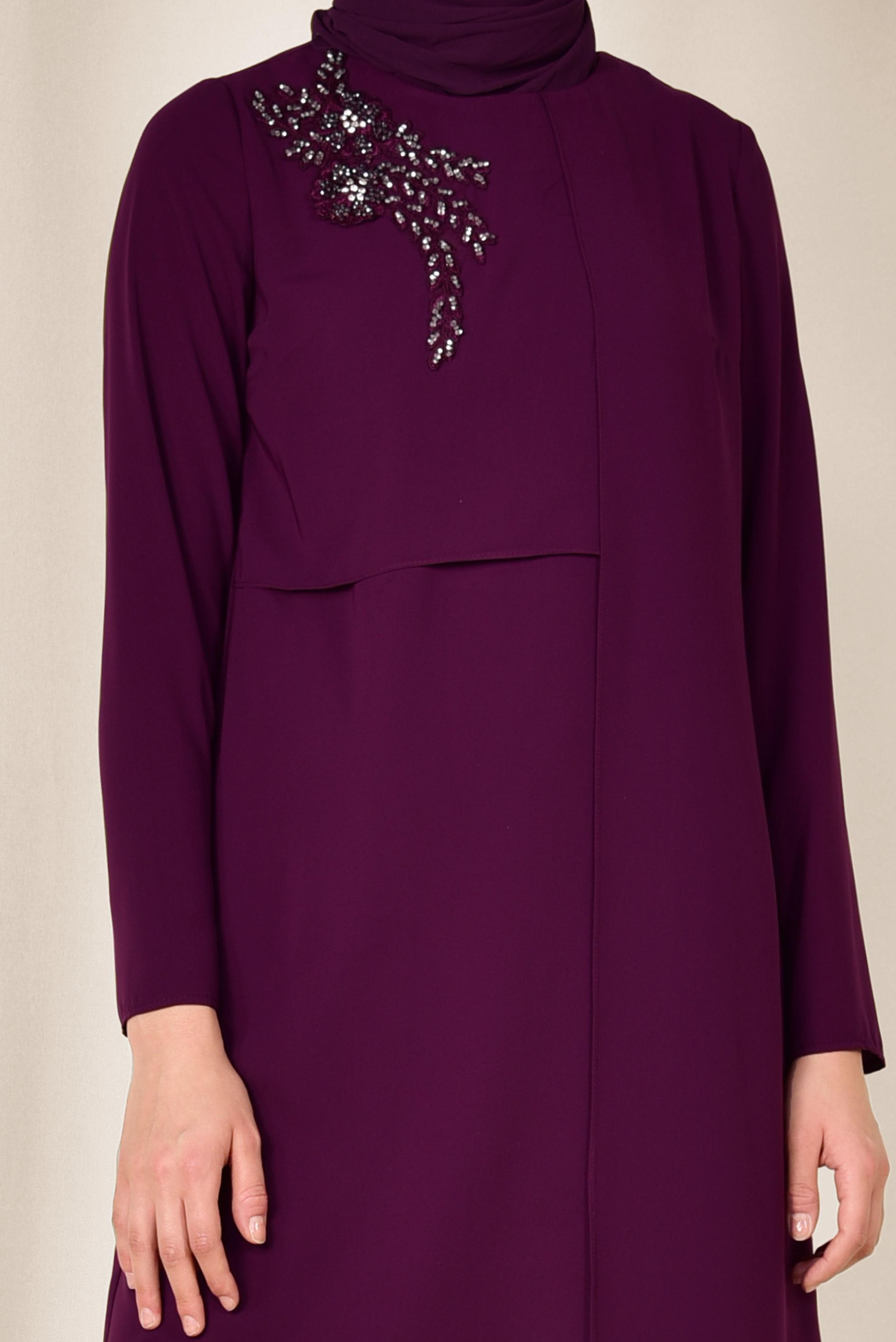 Tesettür giyim MOR OMUZU TAŞ İŞLEMELİ ASİMETRİK 2&prime;Lİ PANTOLONLU TAKIM 3514