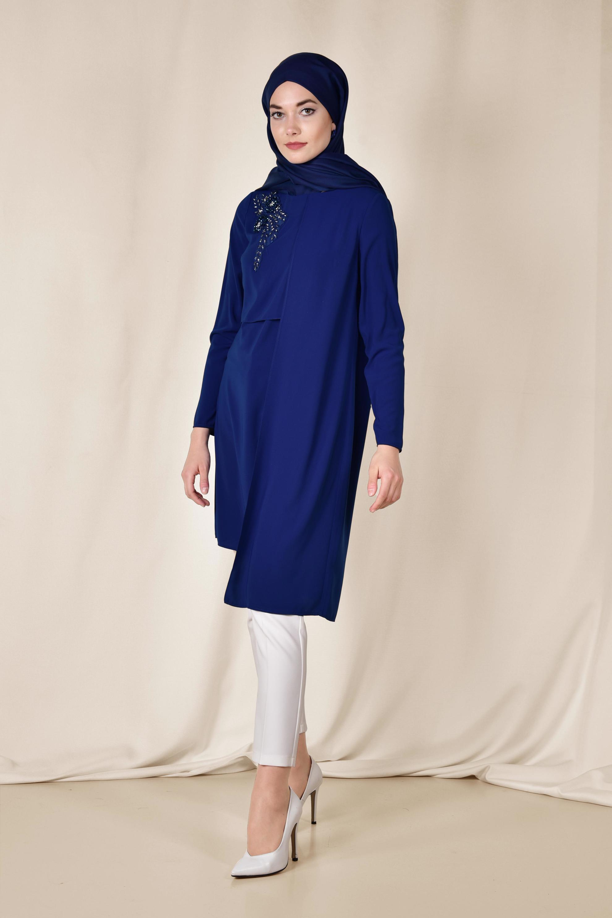 Tesettür giyim MAVİ OMUZU TAŞ İŞLEMELİ ASİMETRİK 2&prime;Lİ PANTOLONLU TAKIM 3514