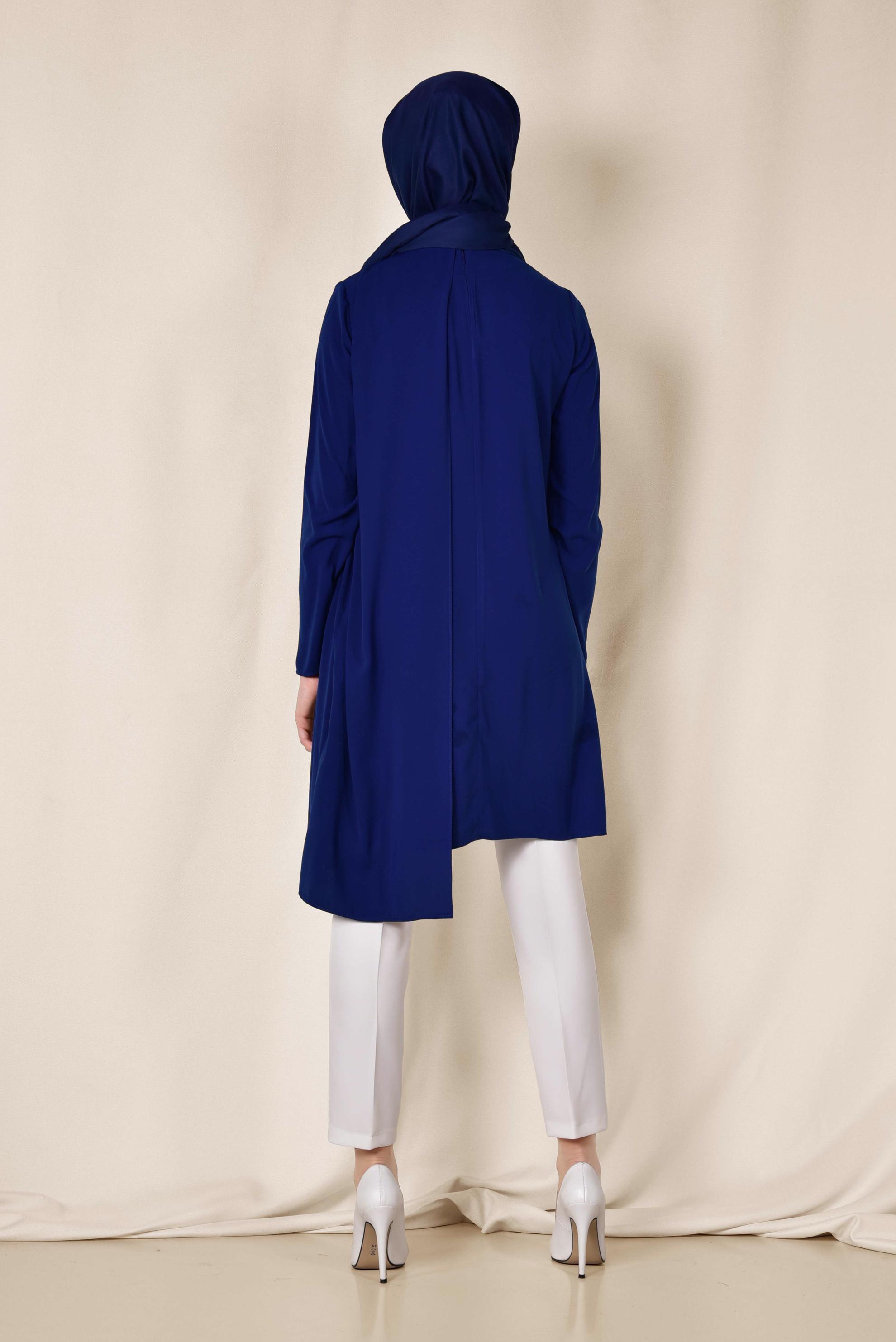 Tesettür giyim MAVİ OMUZU TAŞ İŞLEMELİ ASİMETRİK 2&prime;Lİ PANTOLONLU TAKIM 3514