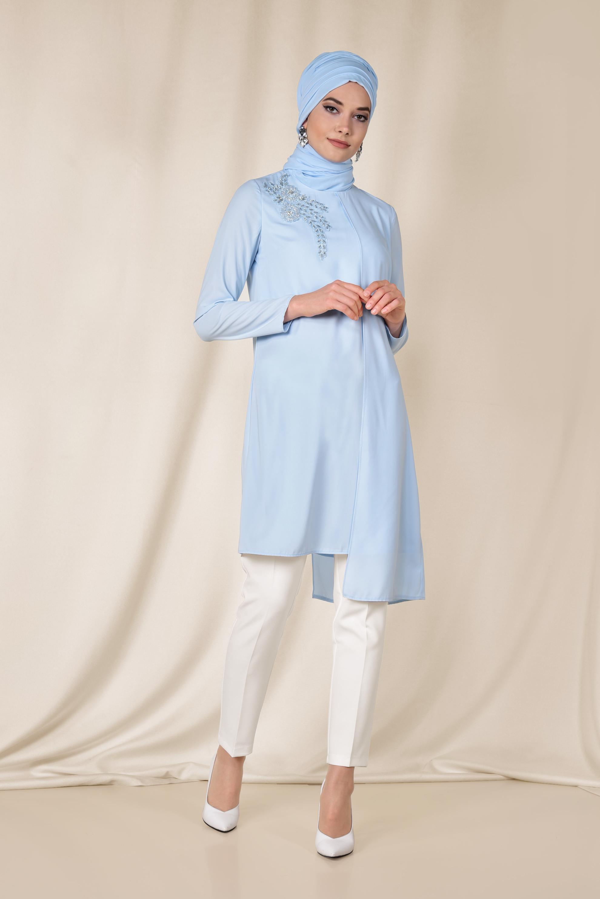 Tesettür giyim MAVİ OMUZU TAŞ İŞLEMELİ ASİMETRİK 2&prime;Lİ PANTOLONLU TAKIM 3514