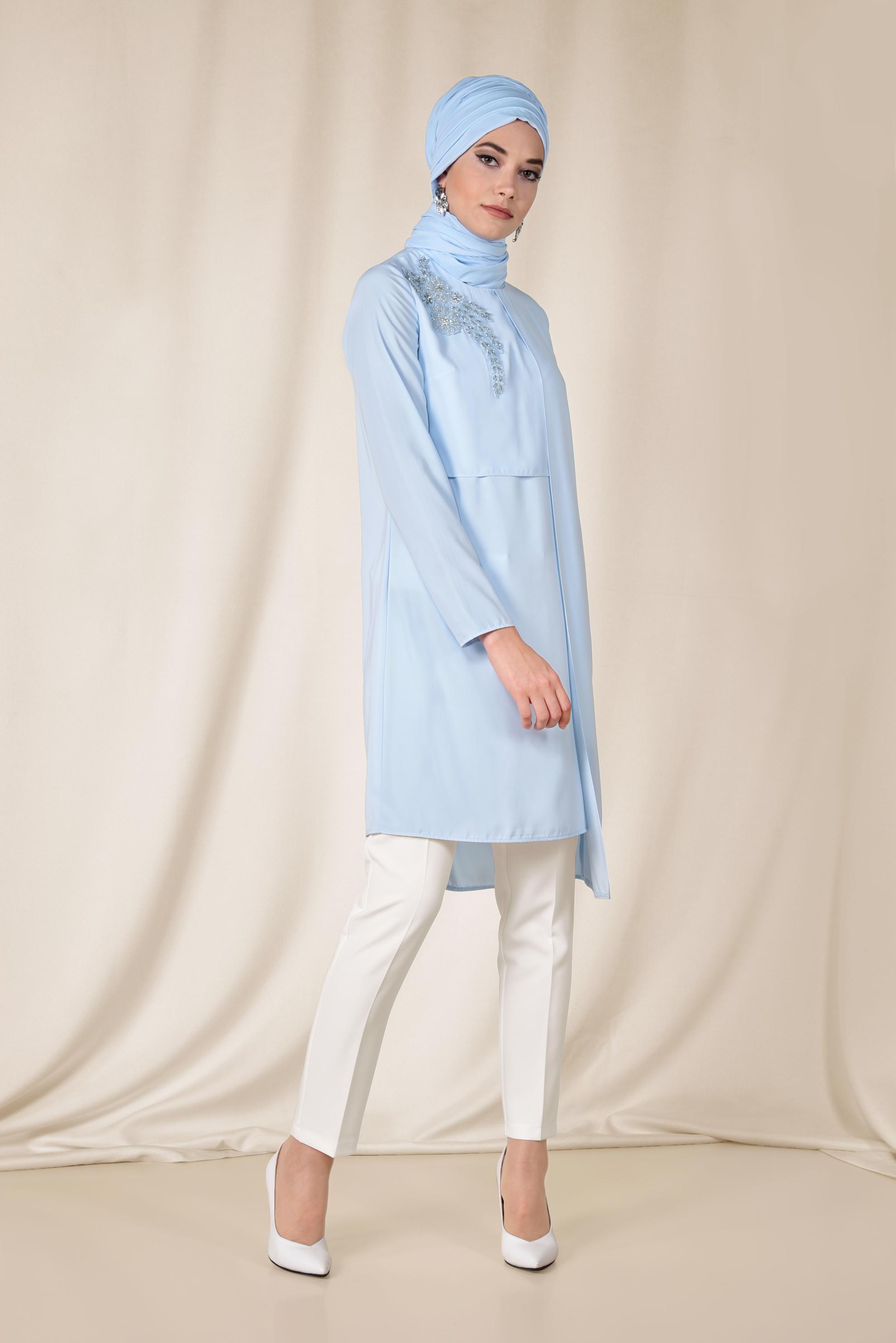 Tesettür giyim MAVİ OMUZU TAŞ İŞLEMELİ ASİMETRİK 2&prime;Lİ PANTOLONLU TAKIM 3514