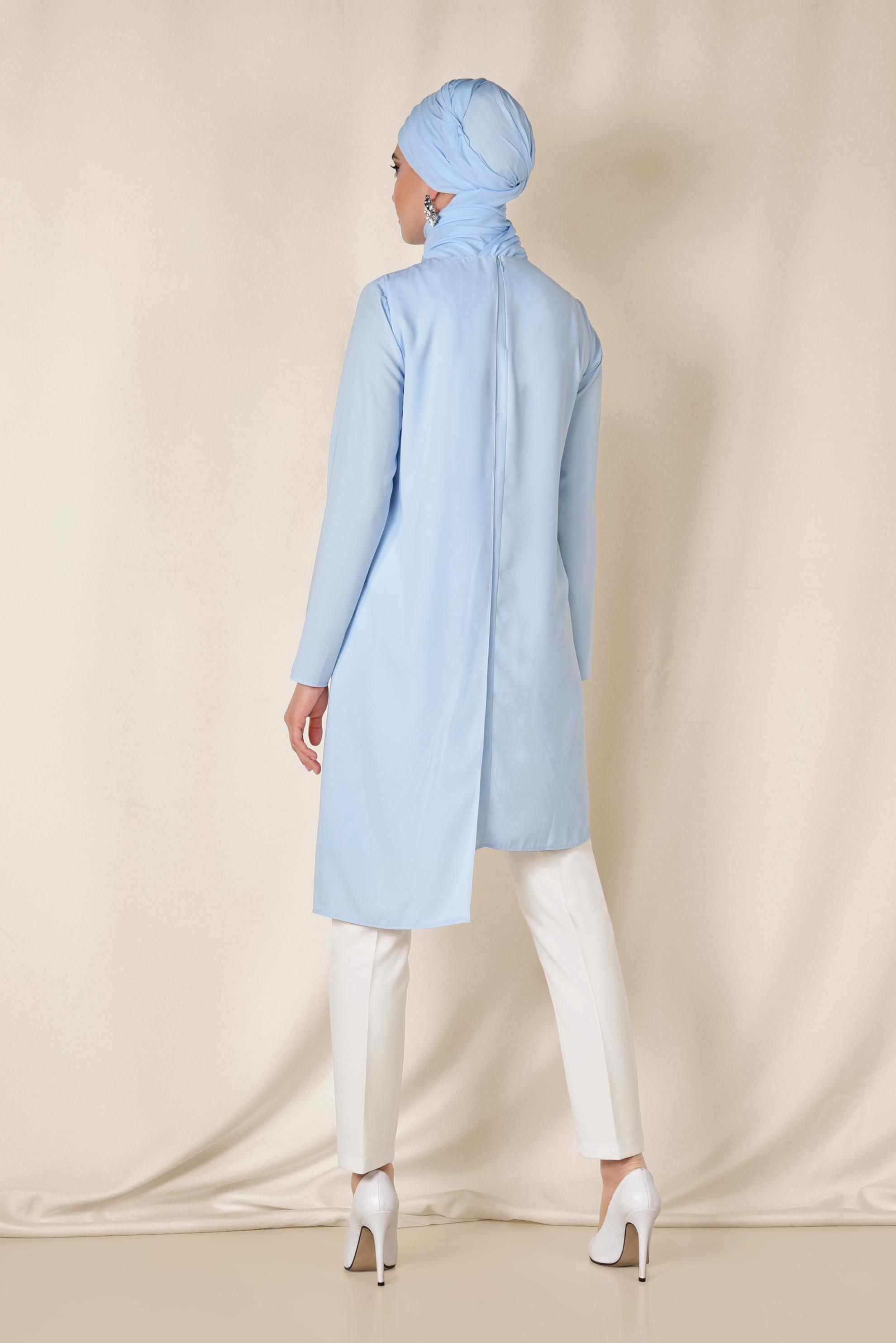 Tesettür giyim MAVİ OMUZU TAŞ İŞLEMELİ ASİMETRİK 2&prime;Lİ PANTOLONLU TAKIM 3514