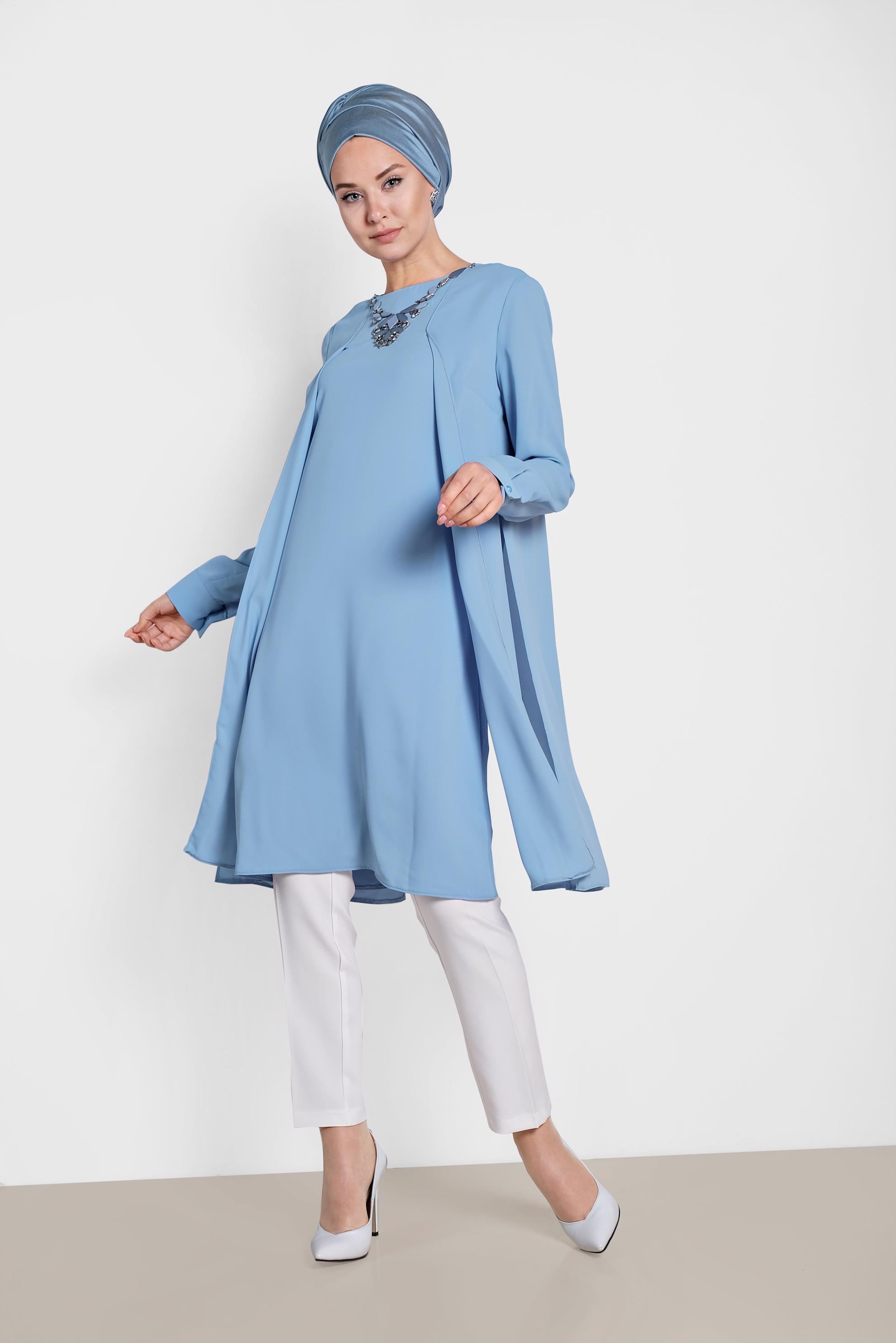 Tesettür giyim MAVİ KOLYE DETAYLI İKİLİ PANTOLONLU TAKIM 3515
