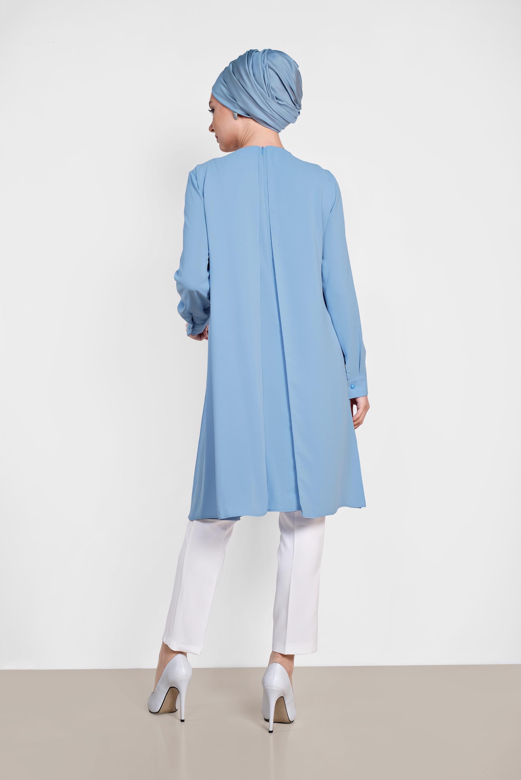 Tesettür giyim MAVİ KOLYE DETAYLI İKİLİ PANTOLONLU TAKIM 3515