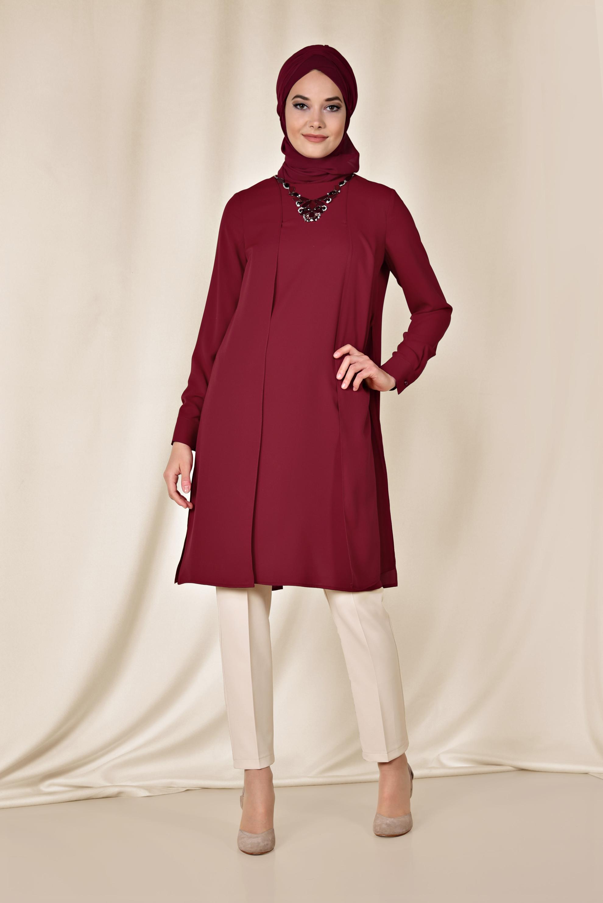 Tesettür giyim BORDO KOLYE DETAYLI İKİLİ PANTOLONLU TAKIM 3515