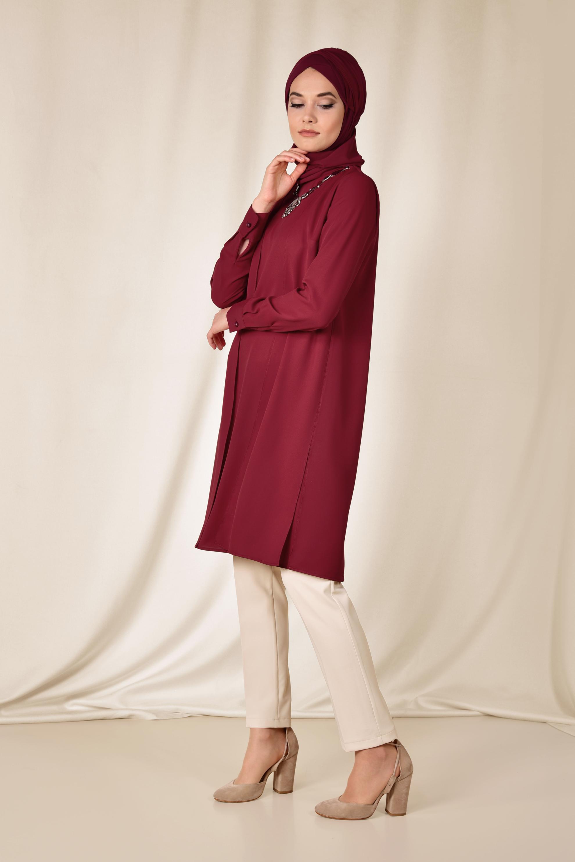 Tesettür giyim BORDO KOLYE DETAYLI İKİLİ PANTOLONLU TAKIM 3515