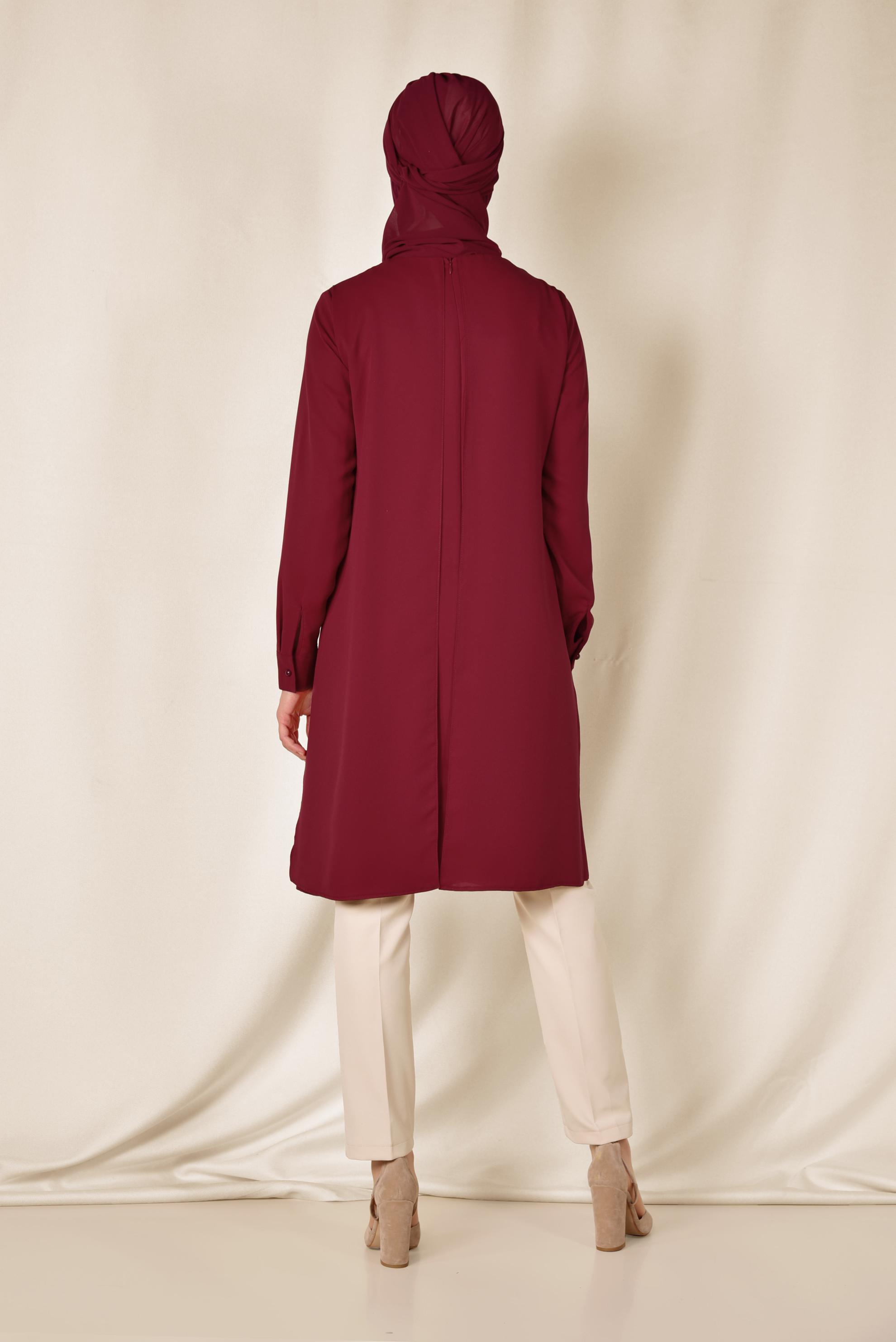 Tesettür giyim BORDO KOLYE DETAYLI İKİLİ PANTOLONLU TAKIM 3515