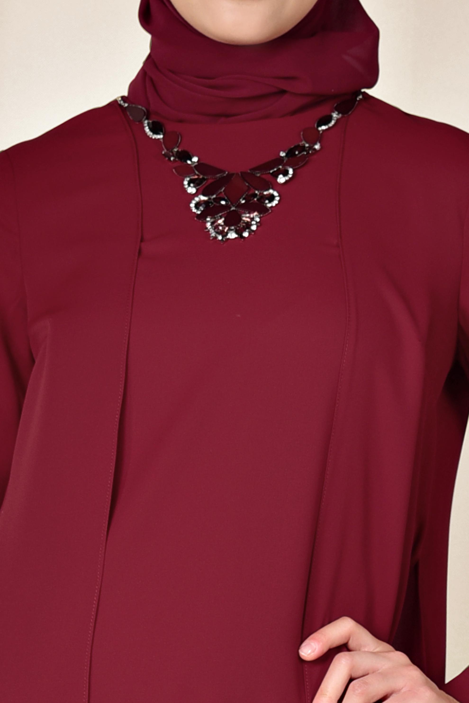 Tesettür giyim BORDO KOLYE DETAYLI İKİLİ PANTOLONLU TAKIM 3515