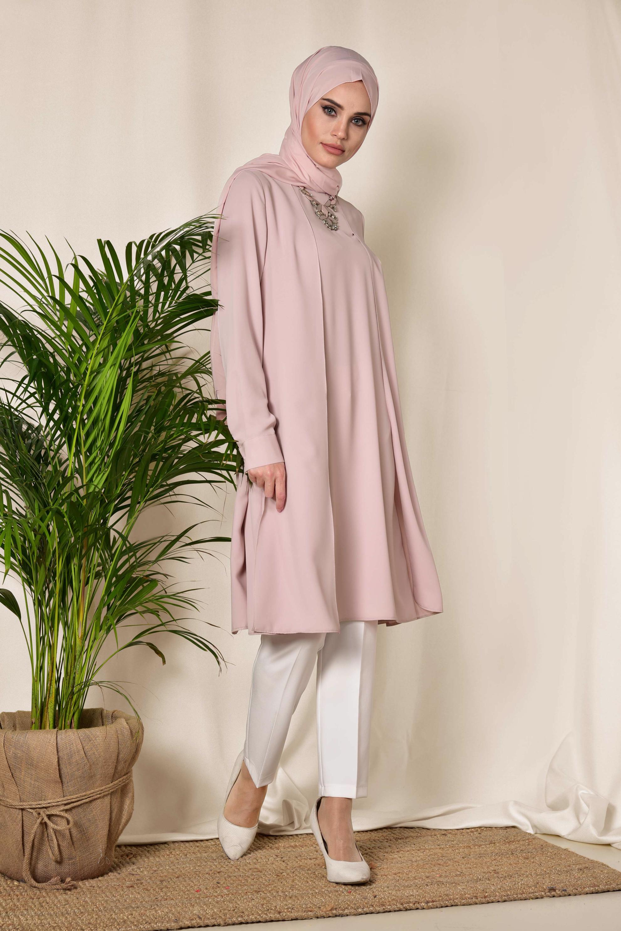 Tesettür giyim PUDRA KOLYE DETAYLI İKİLİ PANTOLONLU TAKIM 3515