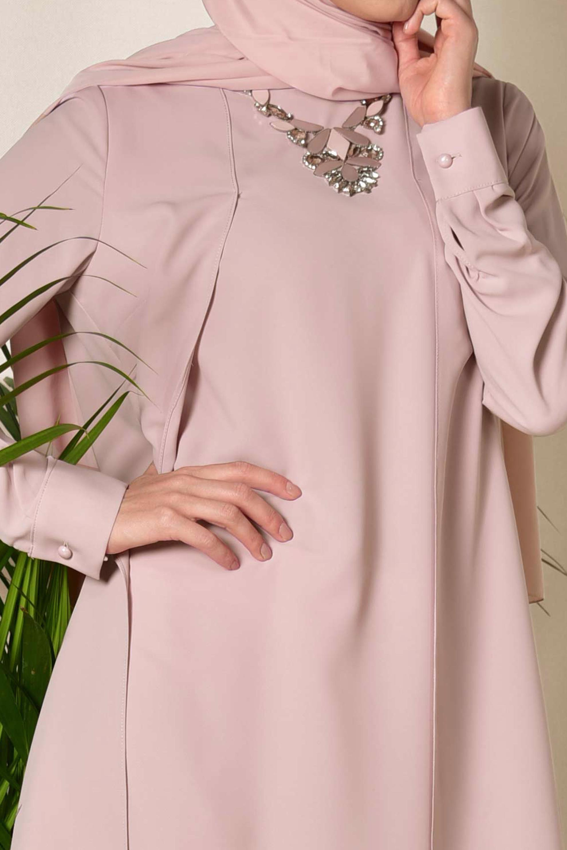 Tesettür giyim PUDRA KOLYE DETAYLI İKİLİ PANTOLONLU TAKIM 3515