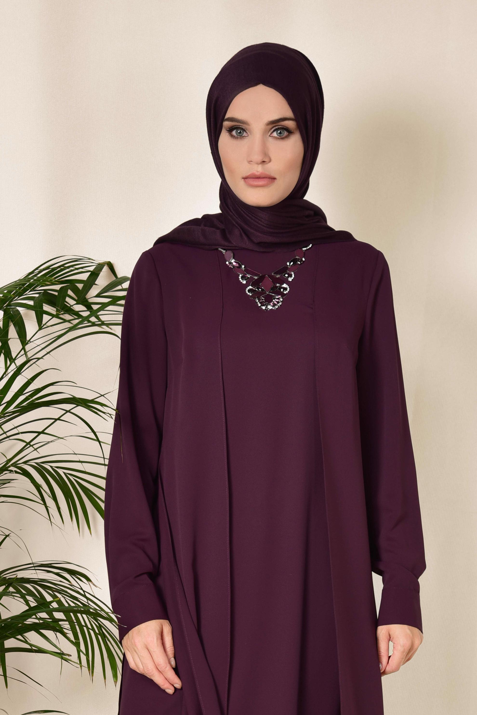 Tesettür giyim BORDO KOLYE DETAYLI İKİLİ PANTOLONLU TAKIM 3515