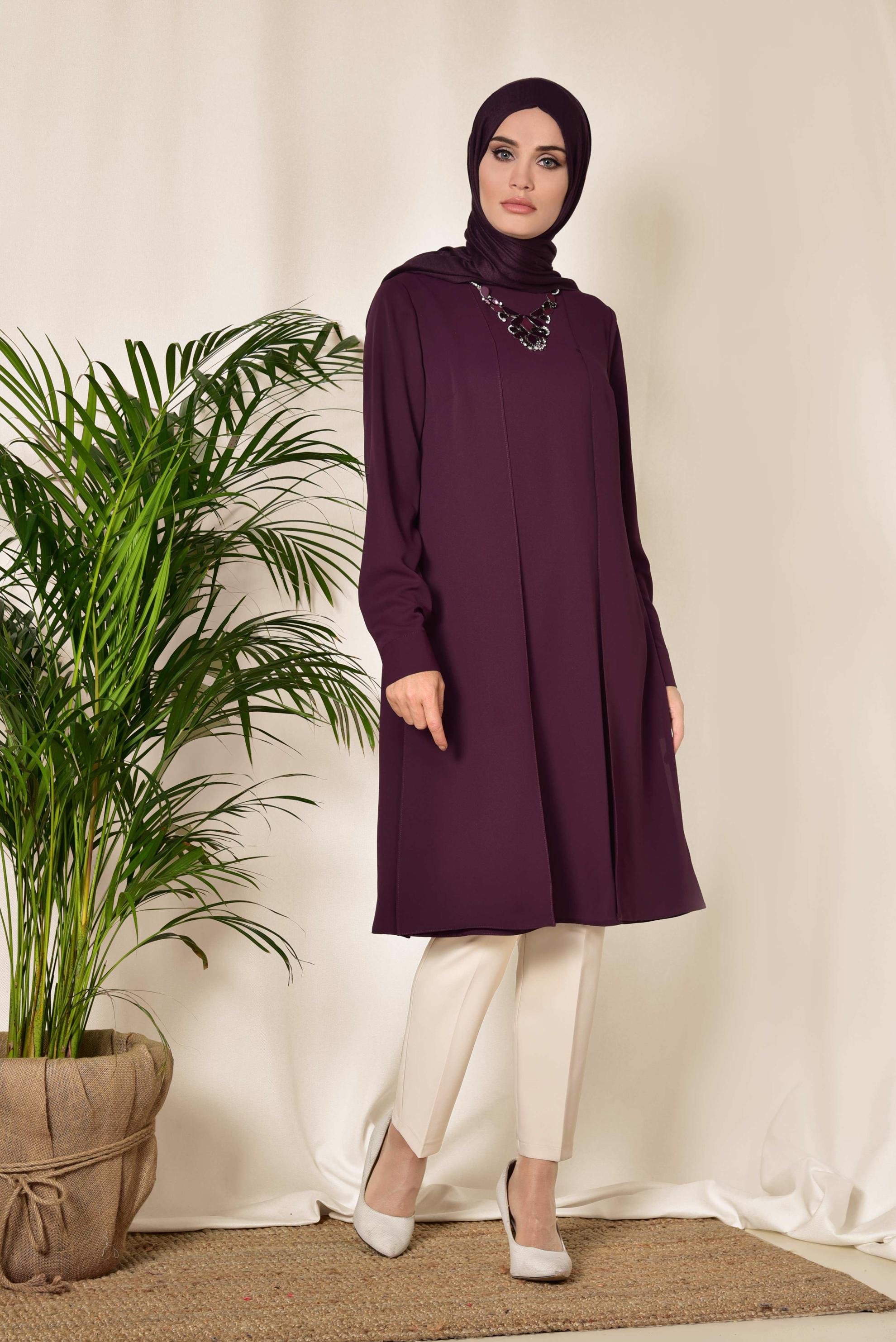 Tesettür giyim BORDO KOLYE DETAYLI İKİLİ PANTOLONLU TAKIM 3515