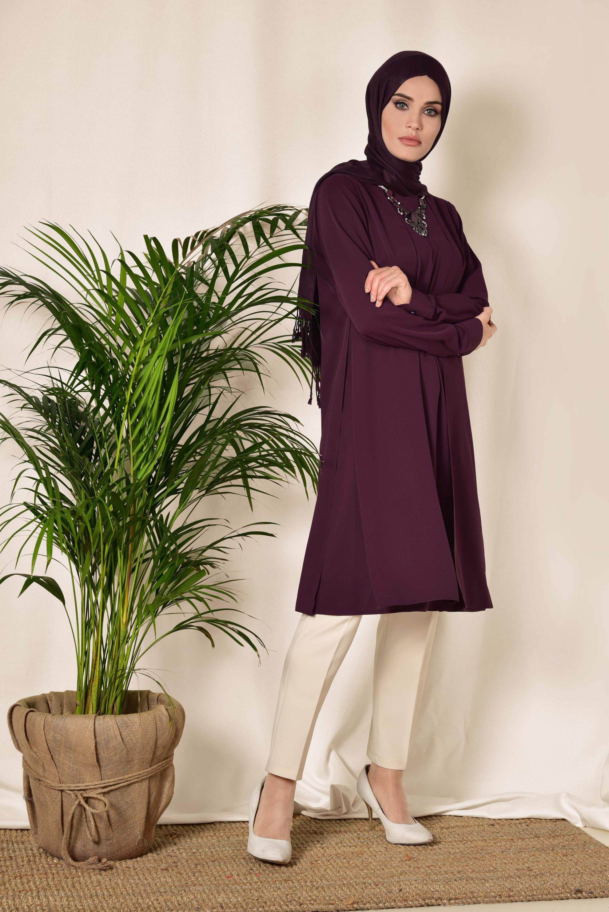 Tesettür giyim BORDO KOLYE DETAYLI İKİLİ PANTOLONLU TAKIM 3515