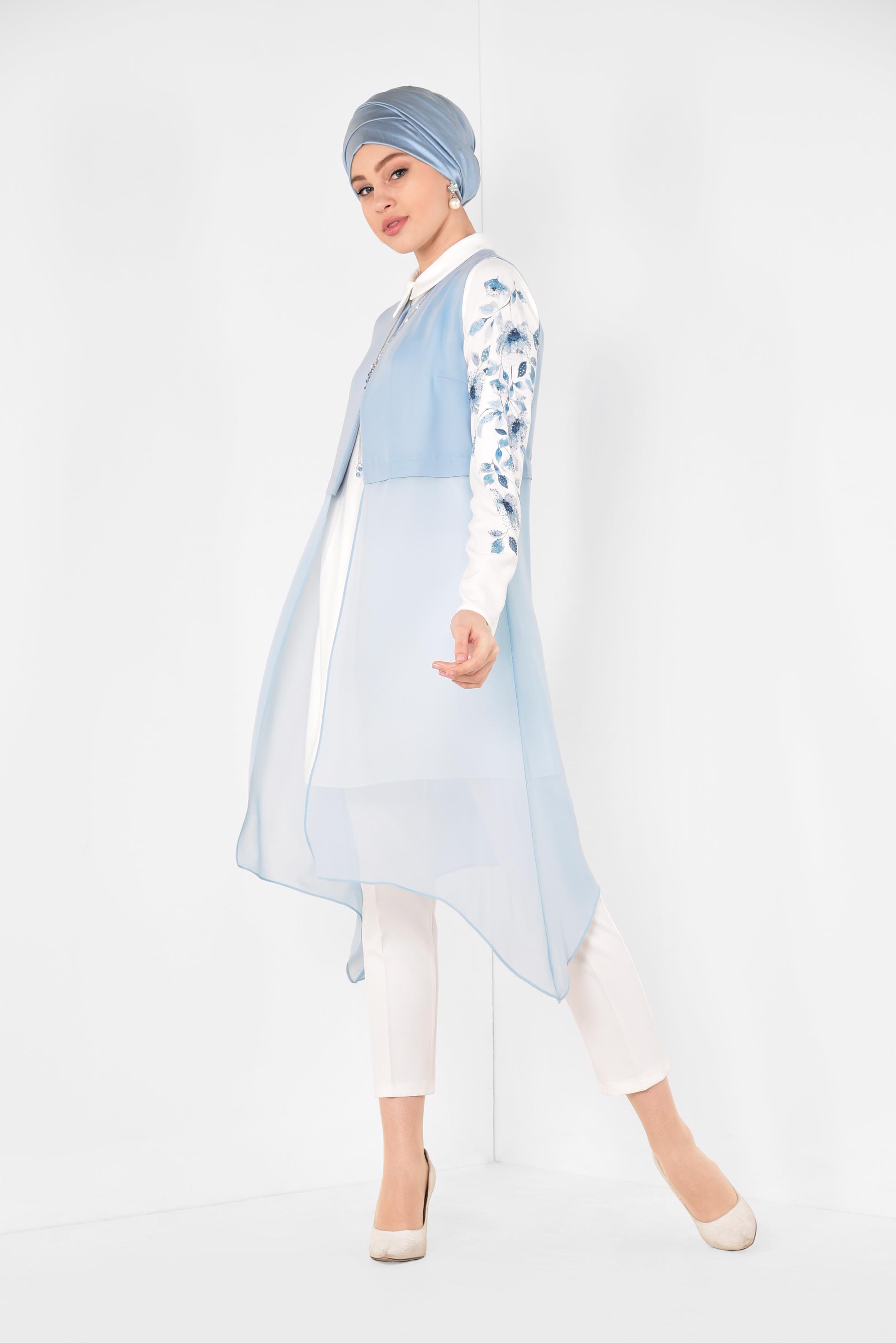 Tesettür giyim MAVİ FLORAL DESENLİ 3&prime;LÜ PANTOLONLU TAKIM 3516