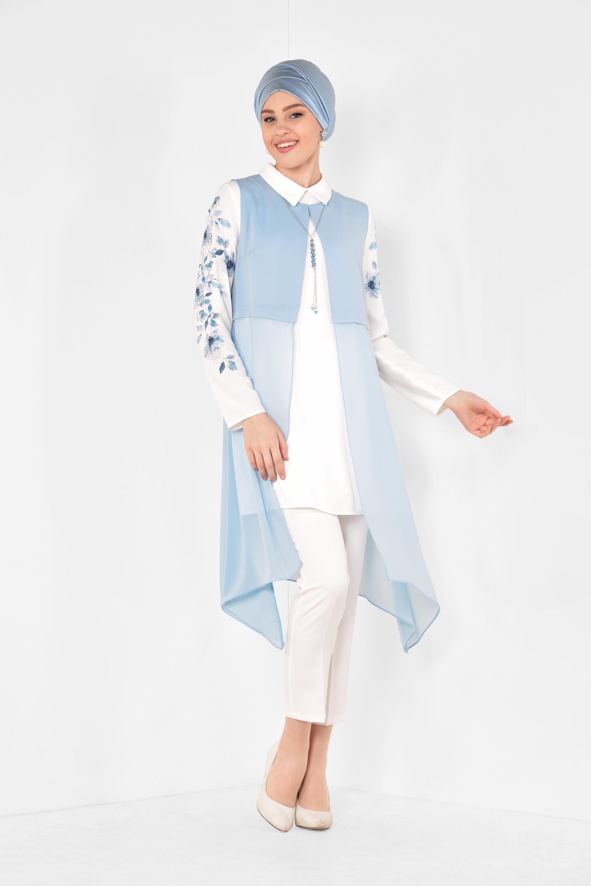 Tesettür giyim MAVİ FLORAL DESENLİ 3&prime;LÜ PANTOLONLU TAKIM 3516