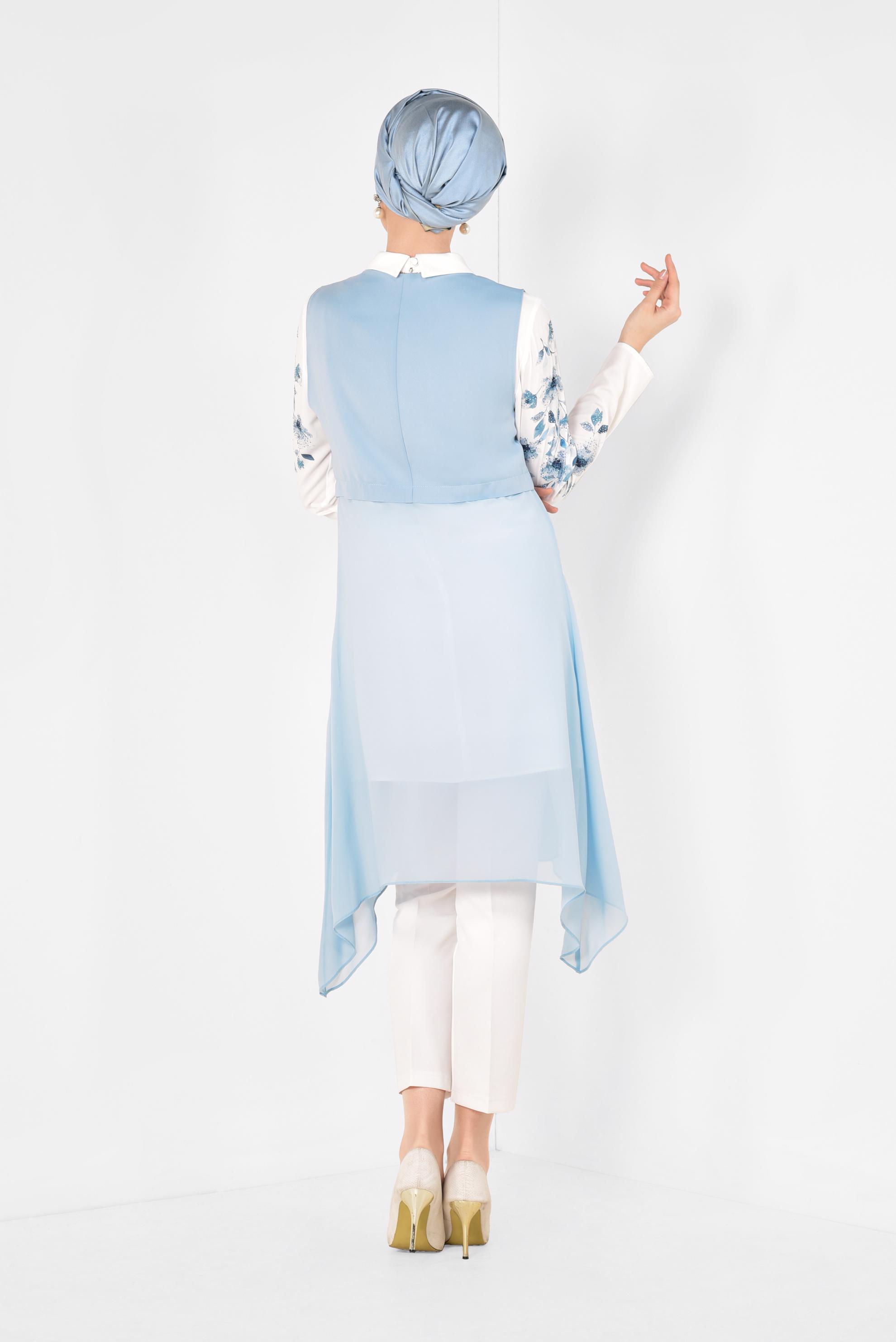 Tesettür giyim MAVİ FLORAL DESENLİ 3&prime;LÜ PANTOLONLU TAKIM 3516