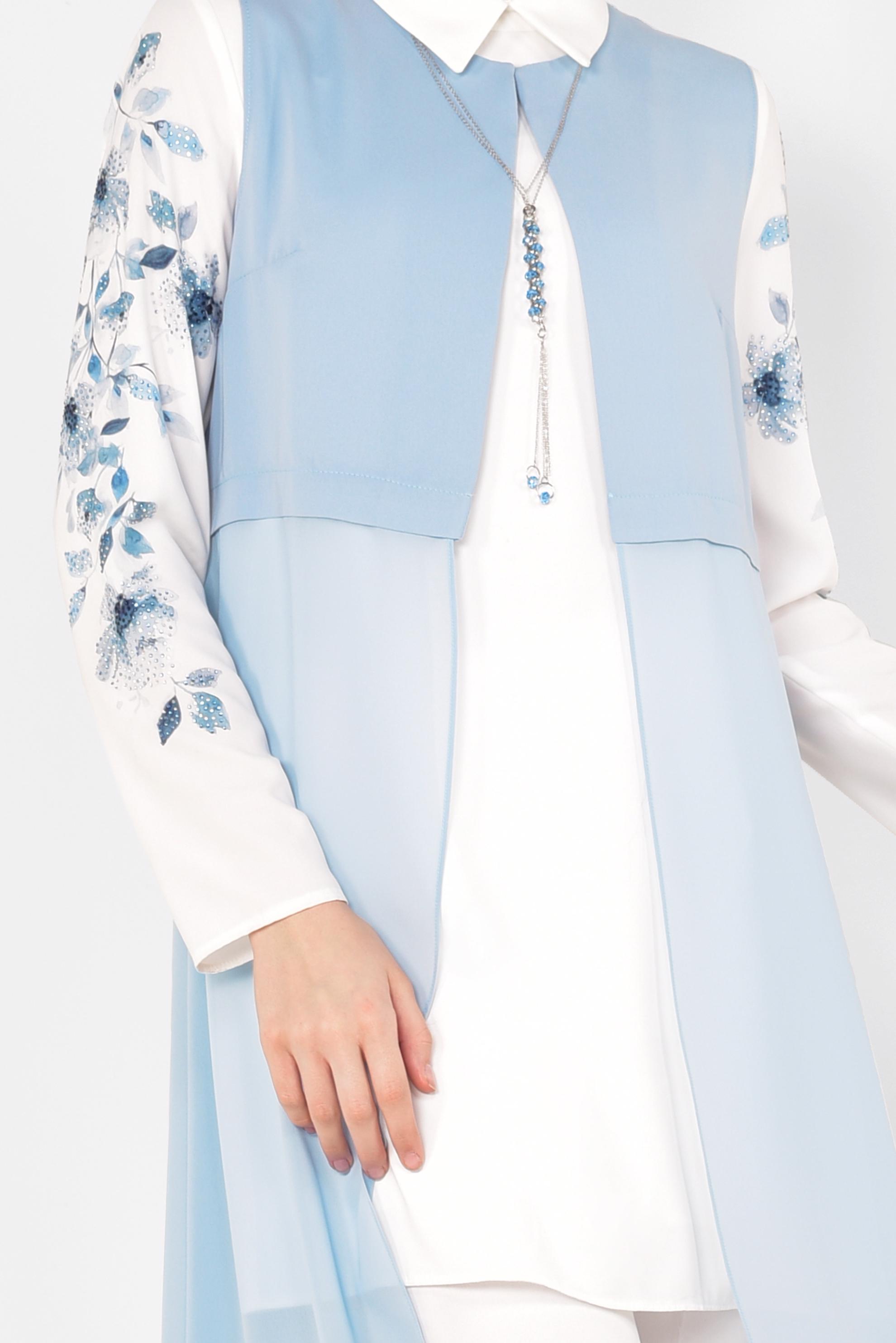 Tesettür giyim MAVİ FLORAL DESENLİ 3&prime;LÜ PANTOLONLU TAKIM 3516