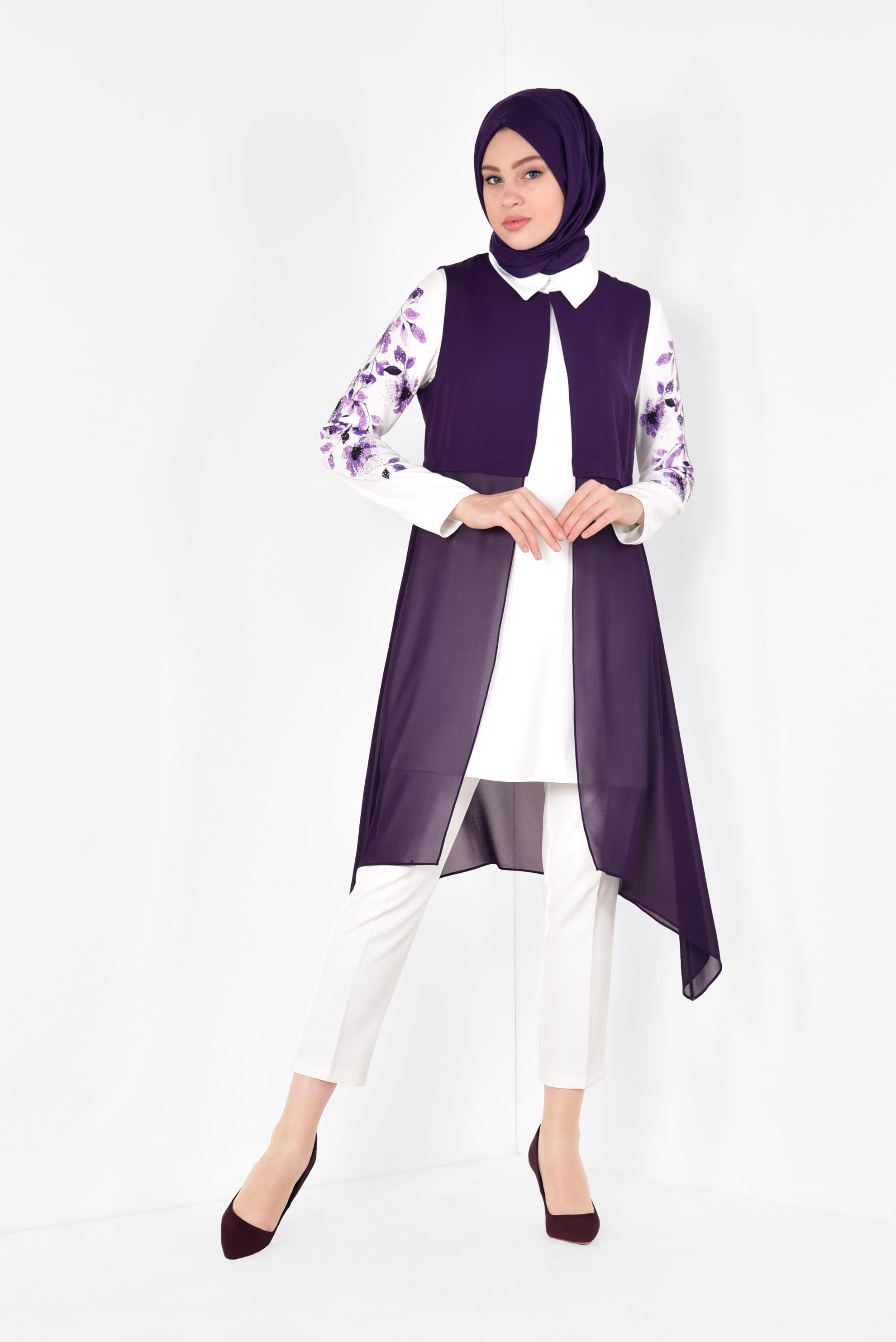 Tesettür giyim MOR FLORAL DESENLİ 3&prime;LÜ PANTOLONLU TAKIM 3516