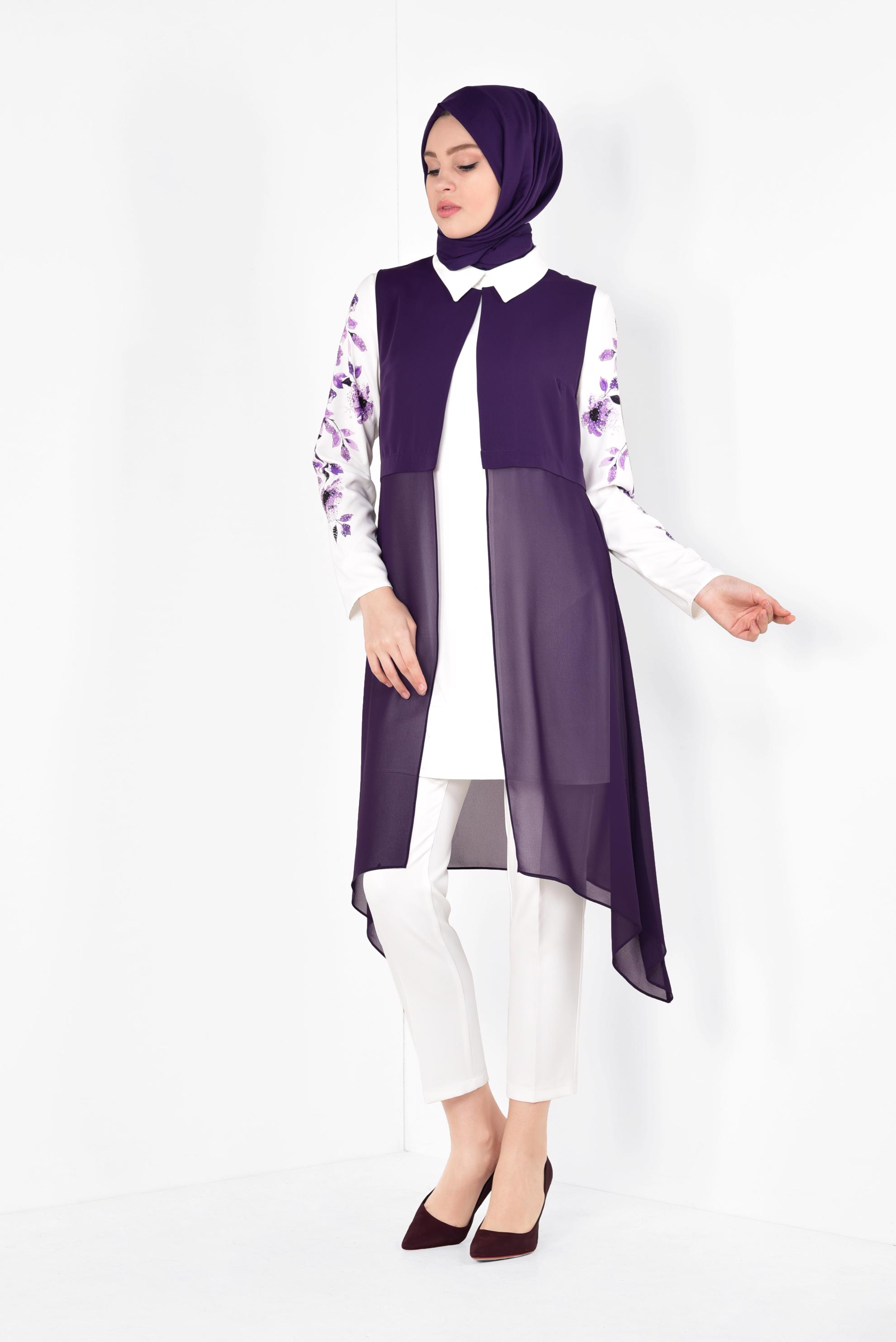 Tesettür giyim MOR FLORAL DESENLİ 3&prime;LÜ PANTOLONLU TAKIM 3516