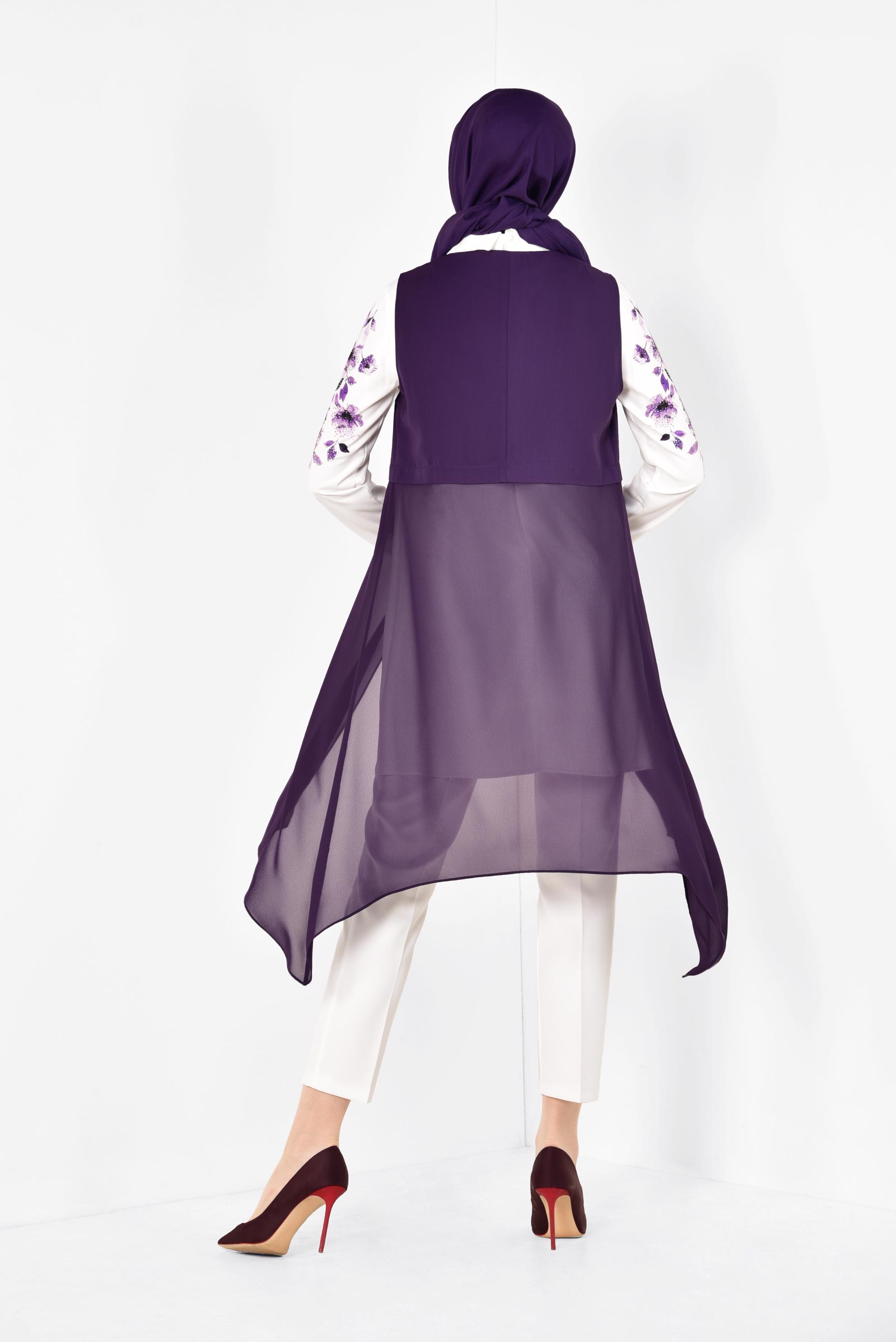 Tesettür giyim MOR FLORAL DESENLİ 3&prime;LÜ PANTOLONLU TAKIM 3516