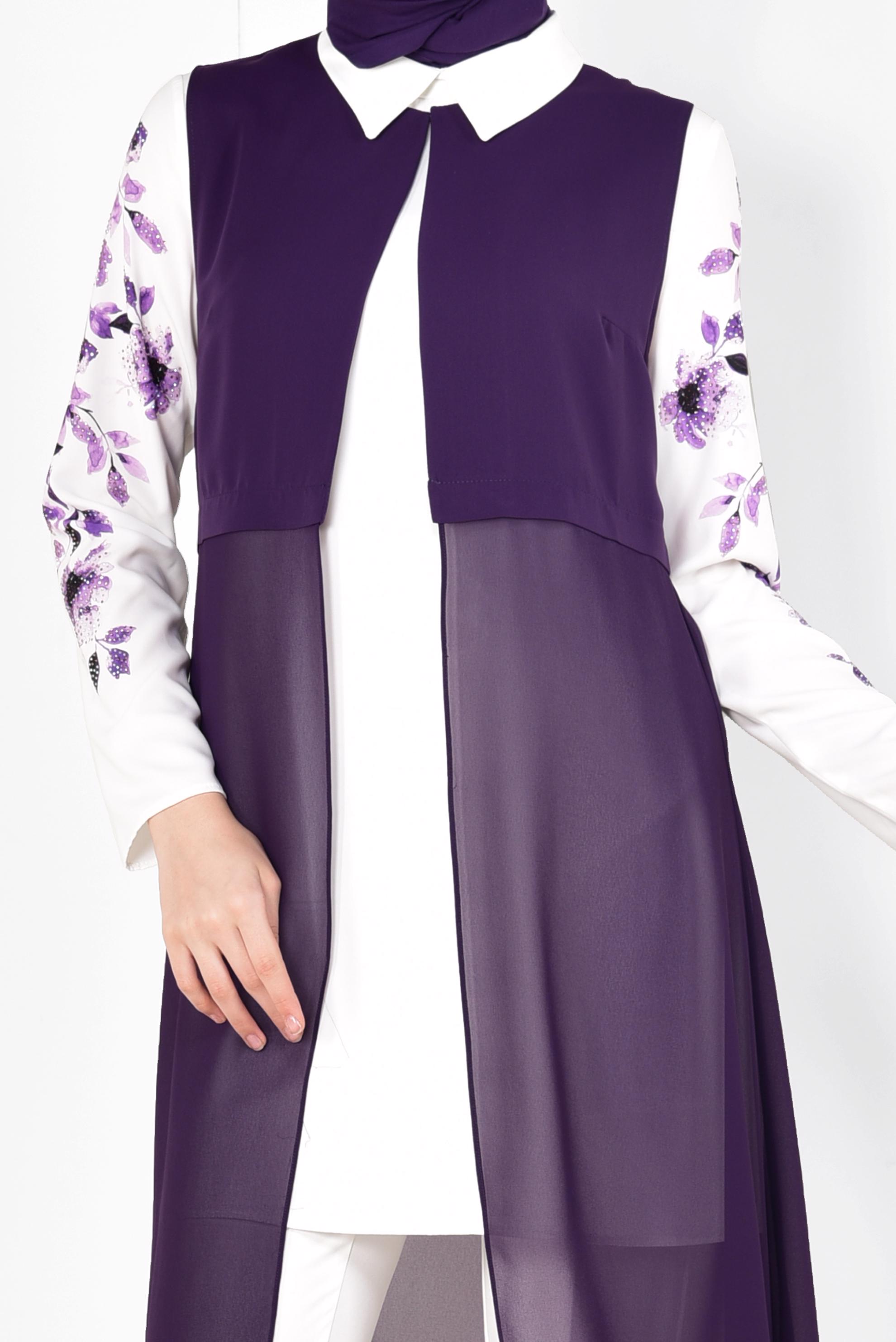 Tesettür giyim MOR FLORAL DESENLİ 3&prime;LÜ PANTOLONLU TAKIM 3516