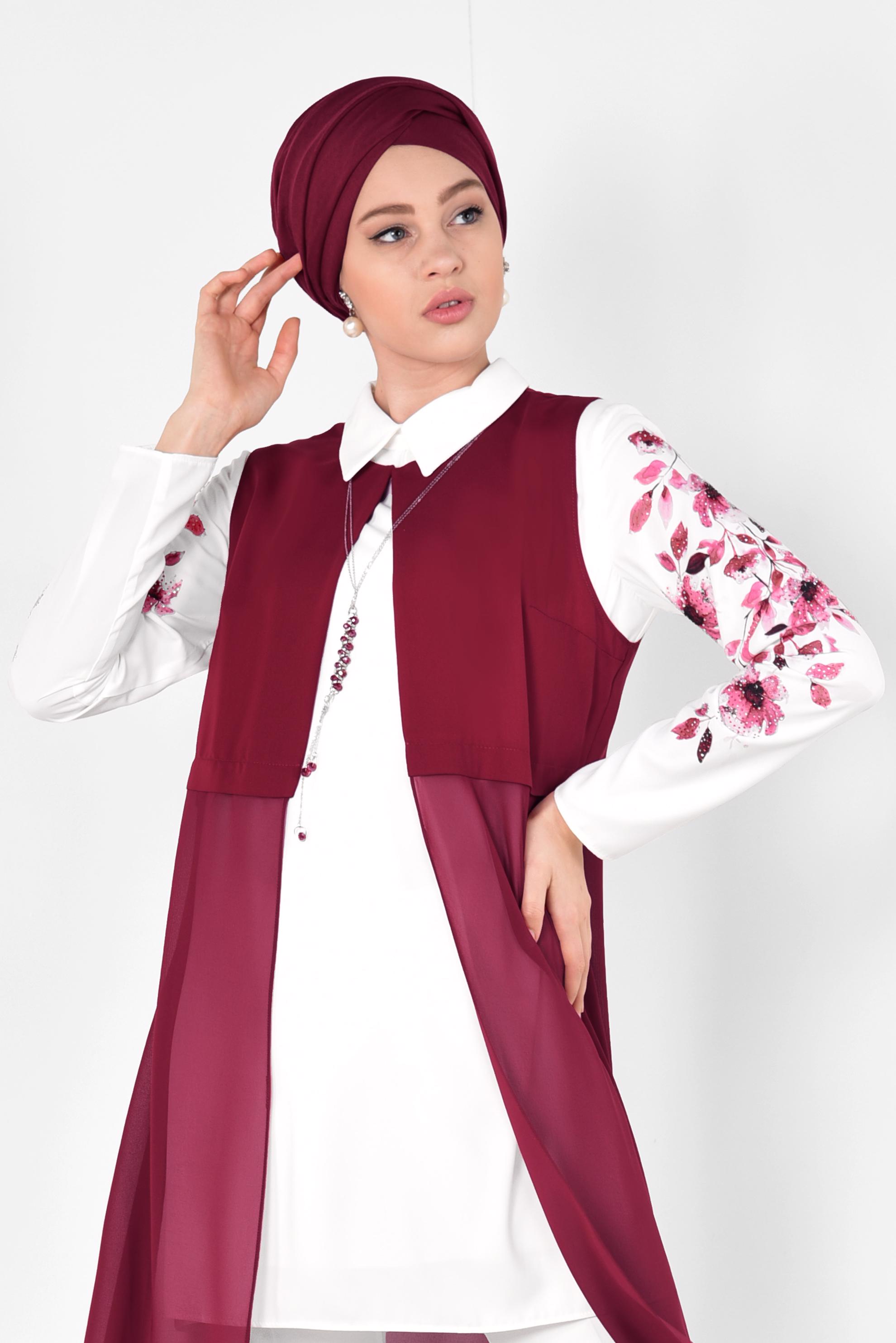 Tesettür giyim BORDO FLORAL DESENLİ 3&prime;LÜ PANTOLONLU TAKIM 3516