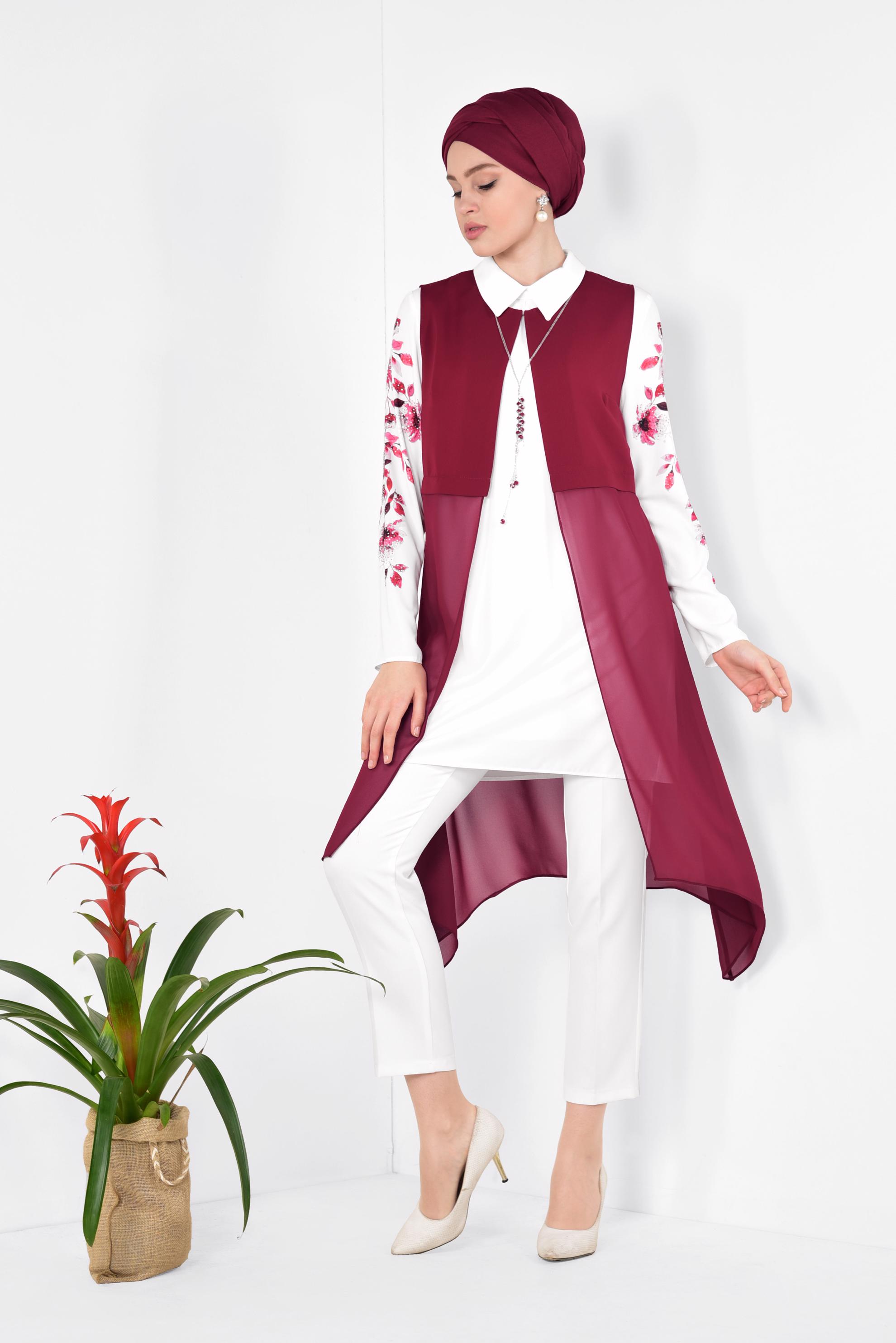 Tesettür giyim BORDO FLORAL DESENLİ 3&prime;LÜ PANTOLONLU TAKIM 3516