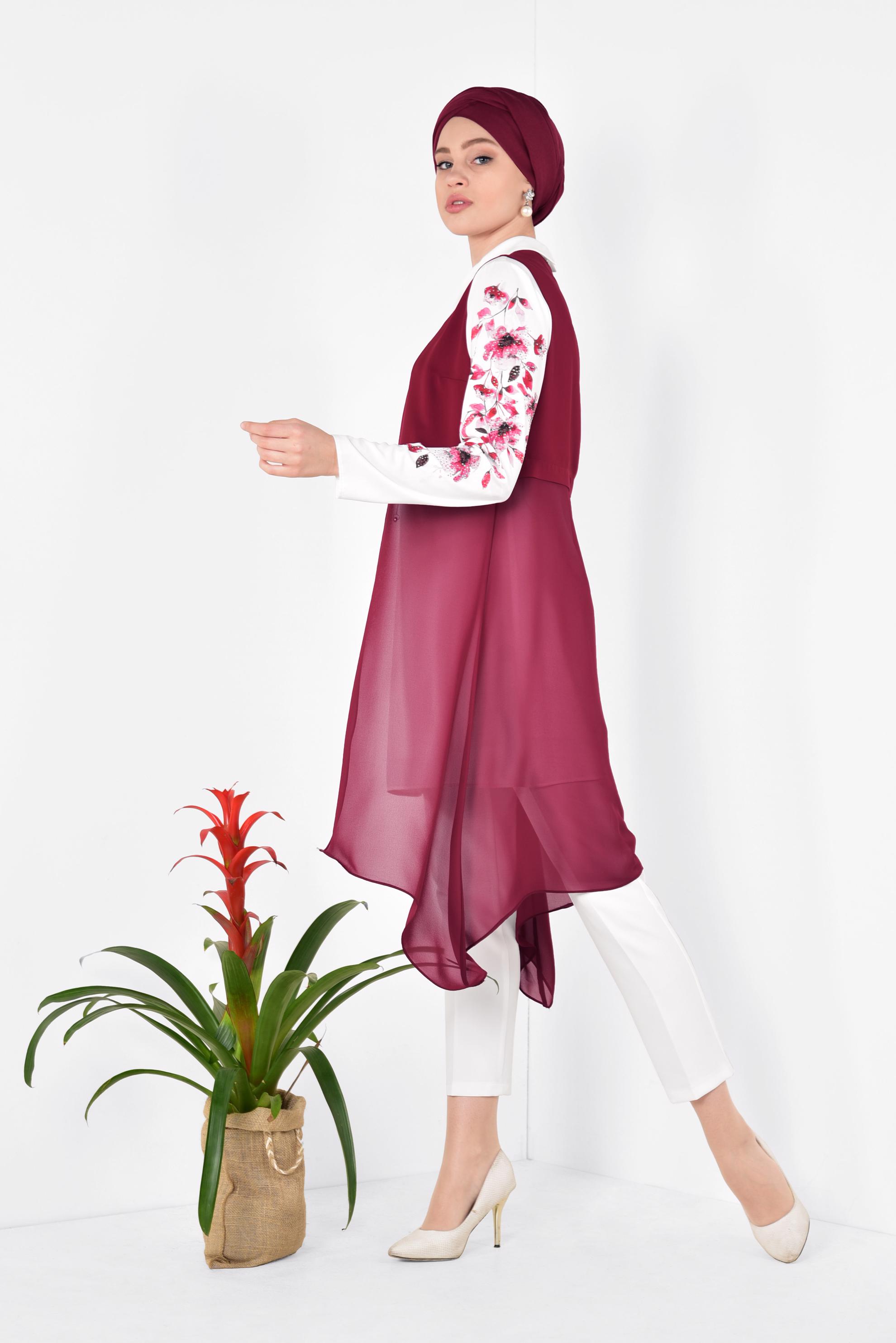 Tesettür giyim BORDO FLORAL DESENLİ 3&prime;LÜ PANTOLONLU TAKIM 3516