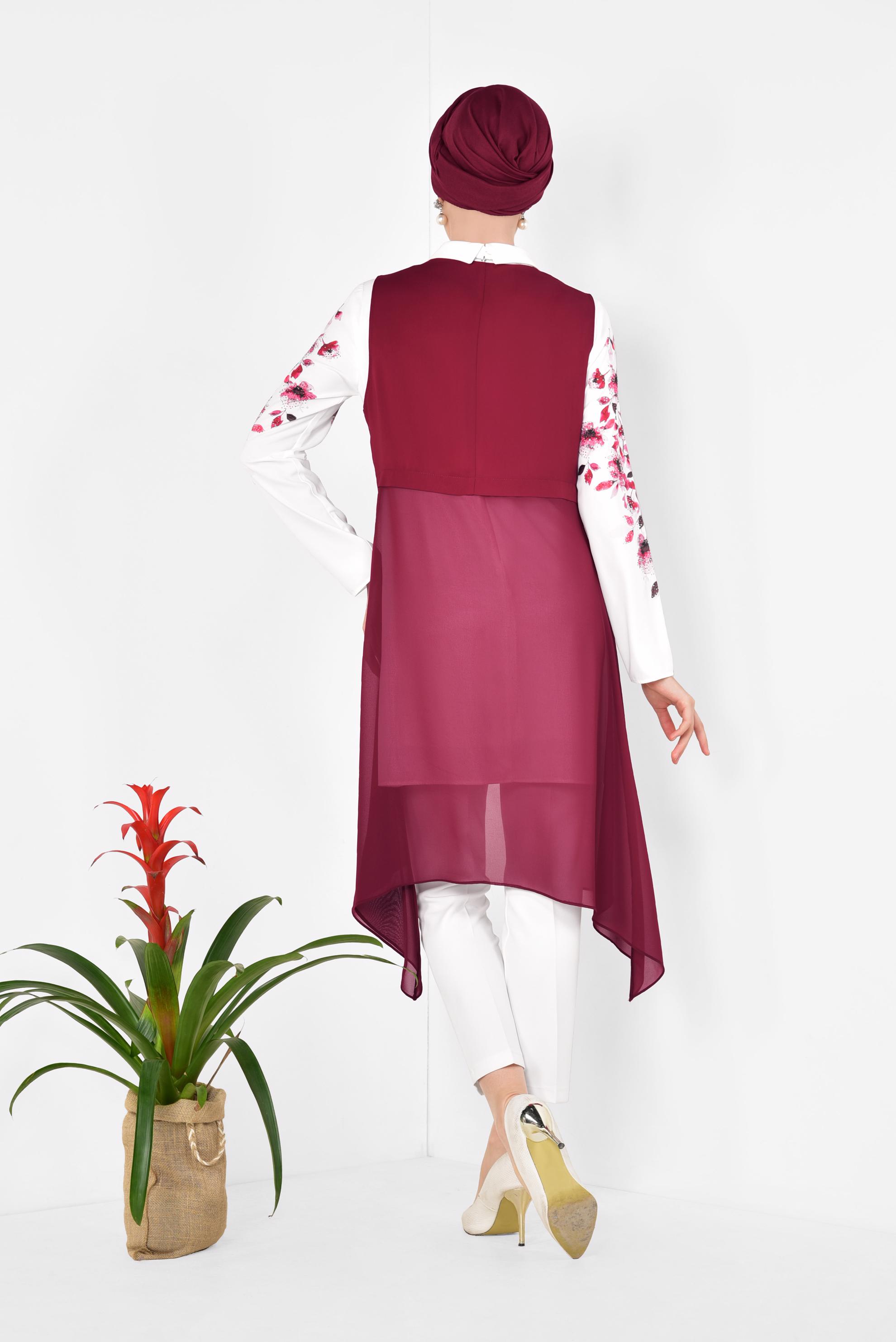 Tesettür giyim BORDO FLORAL DESENLİ 3&prime;LÜ PANTOLONLU TAKIM 3516