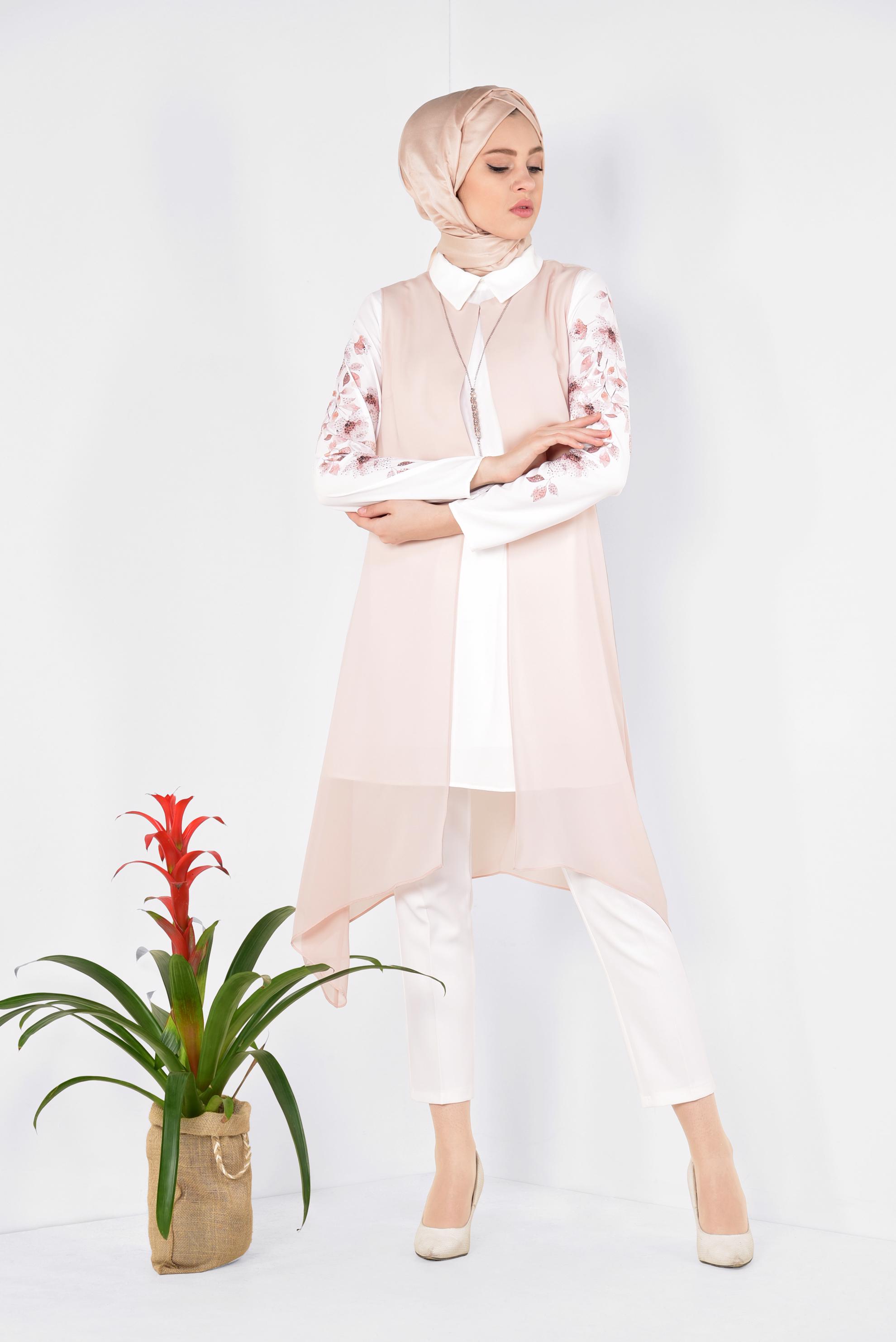 Tesettür giyim PUDRA FLORAL DESENLİ 3&prime;LÜ PANTOLONLU TAKIM 3516