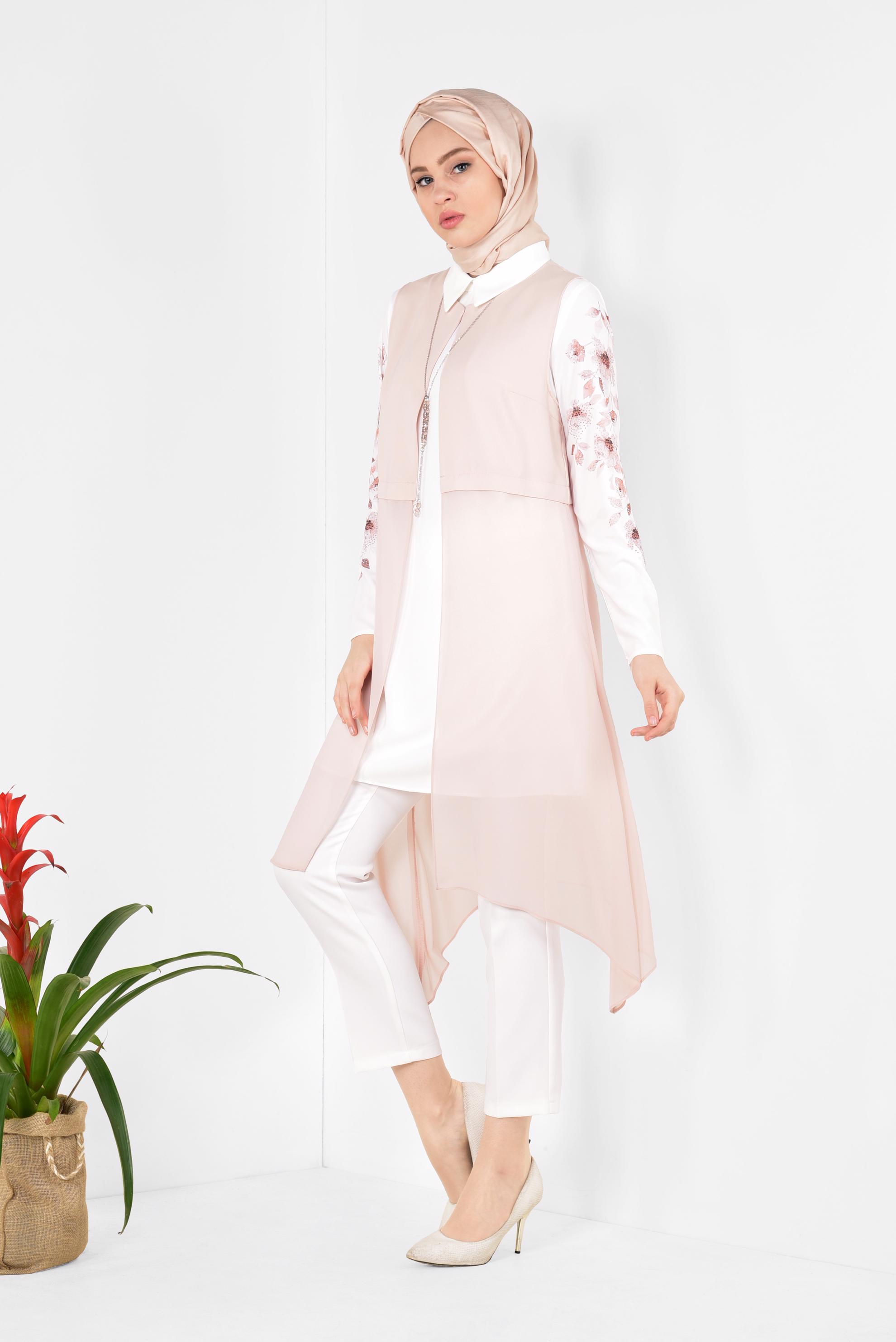 Tesettür giyim PUDRA FLORAL DESENLİ 3&prime;LÜ PANTOLONLU TAKIM 3516