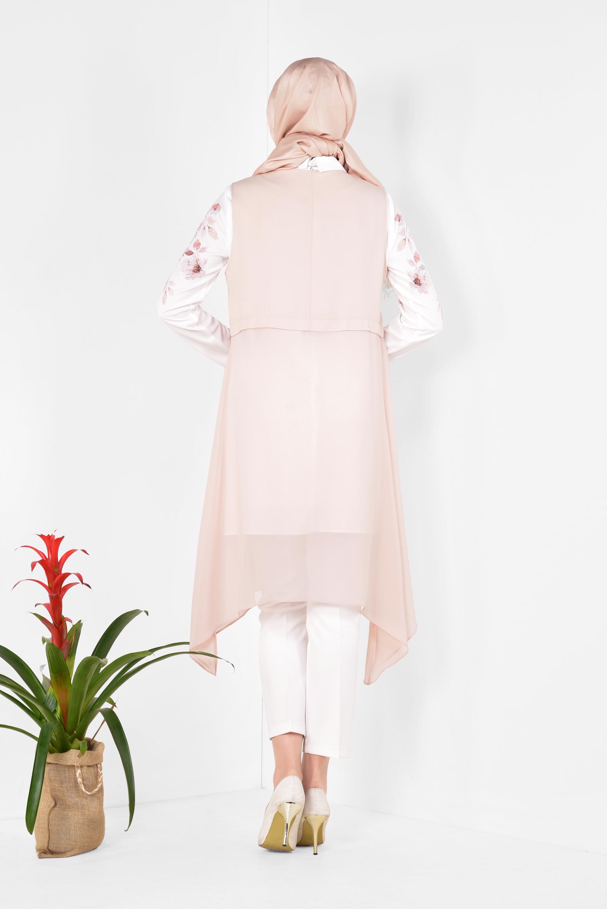 Tesettür giyim PUDRA FLORAL DESENLİ 3&prime;LÜ PANTOLONLU TAKIM 3516