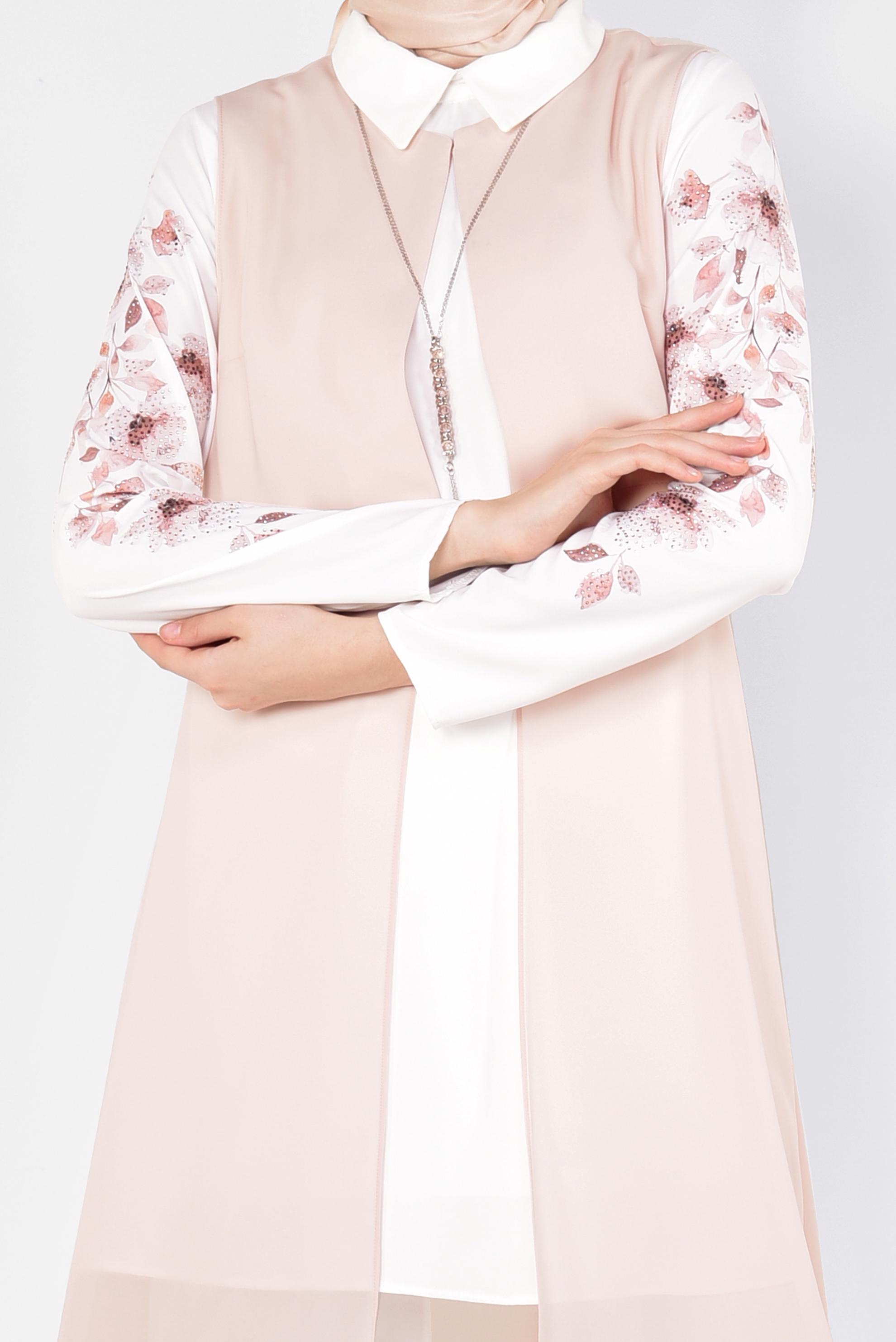 Tesettür giyim PUDRA FLORAL DESENLİ 3&prime;LÜ PANTOLONLU TAKIM 3516