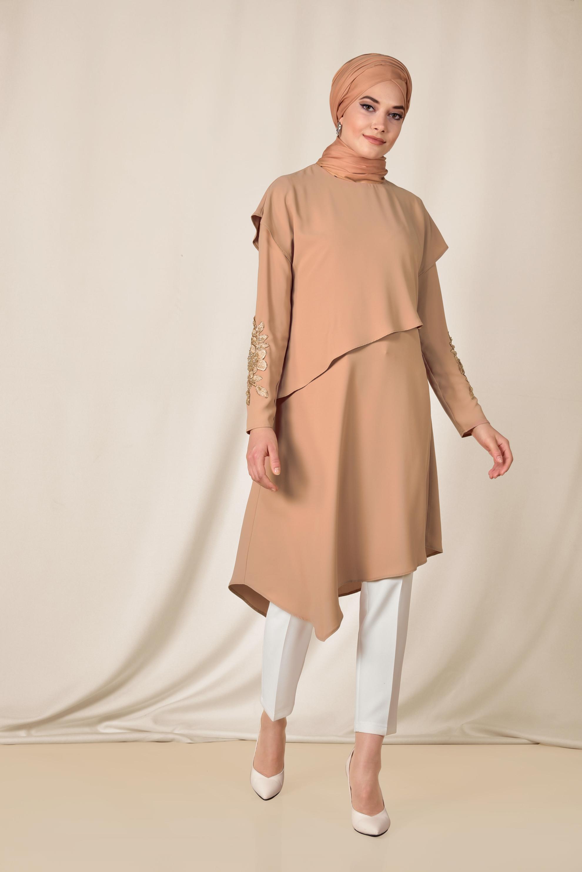 Tesettür giyim BEYAZ KOLU NAKIŞLI ASİMETRİK 2&prime;Lİ PANTOLONLU TAKIM 3517