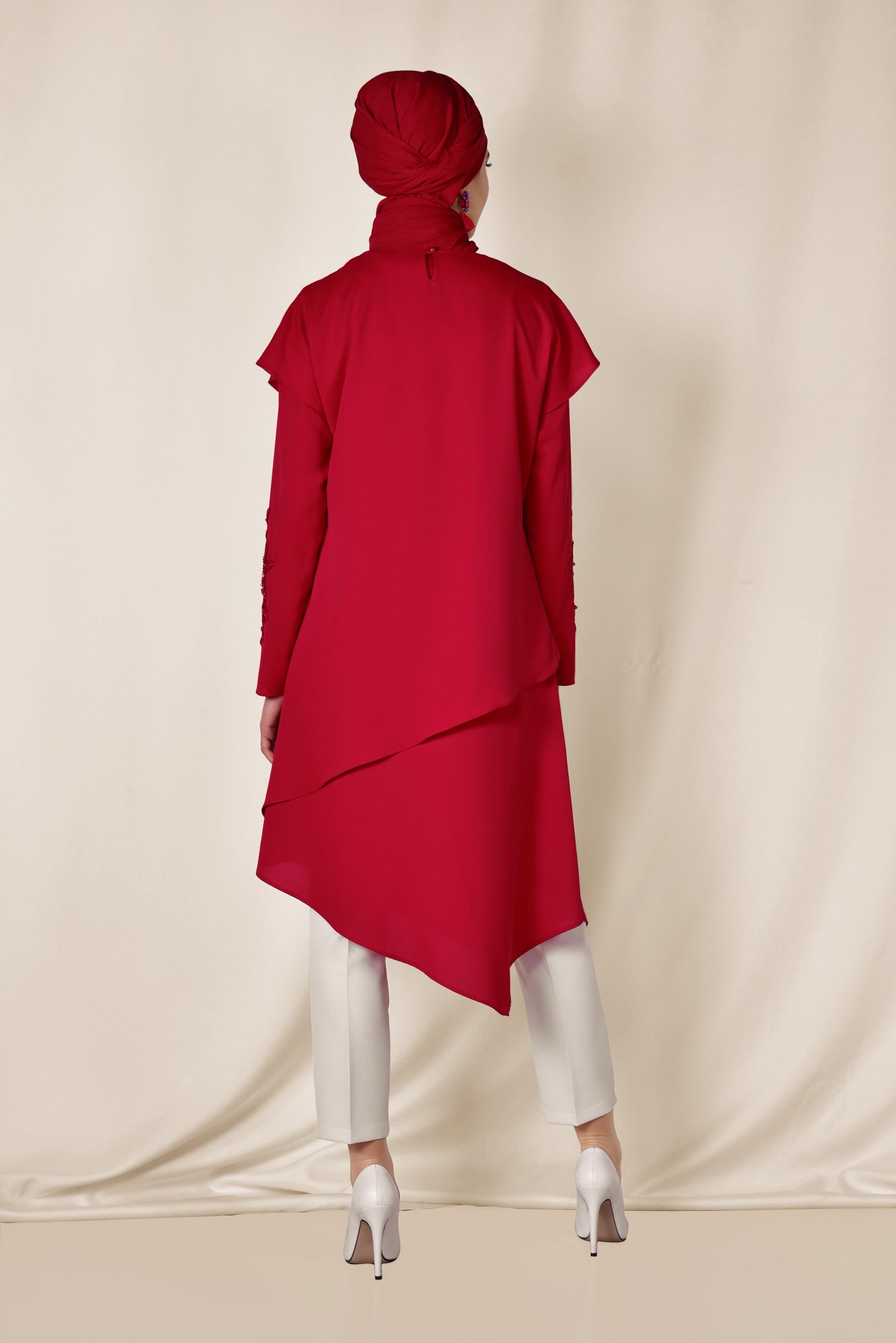 Tesettür giyim KIRMIZI KOLU NAKIŞLI ASİMETRİK 2&prime;Lİ PANTOLONLU TAKIM 3517