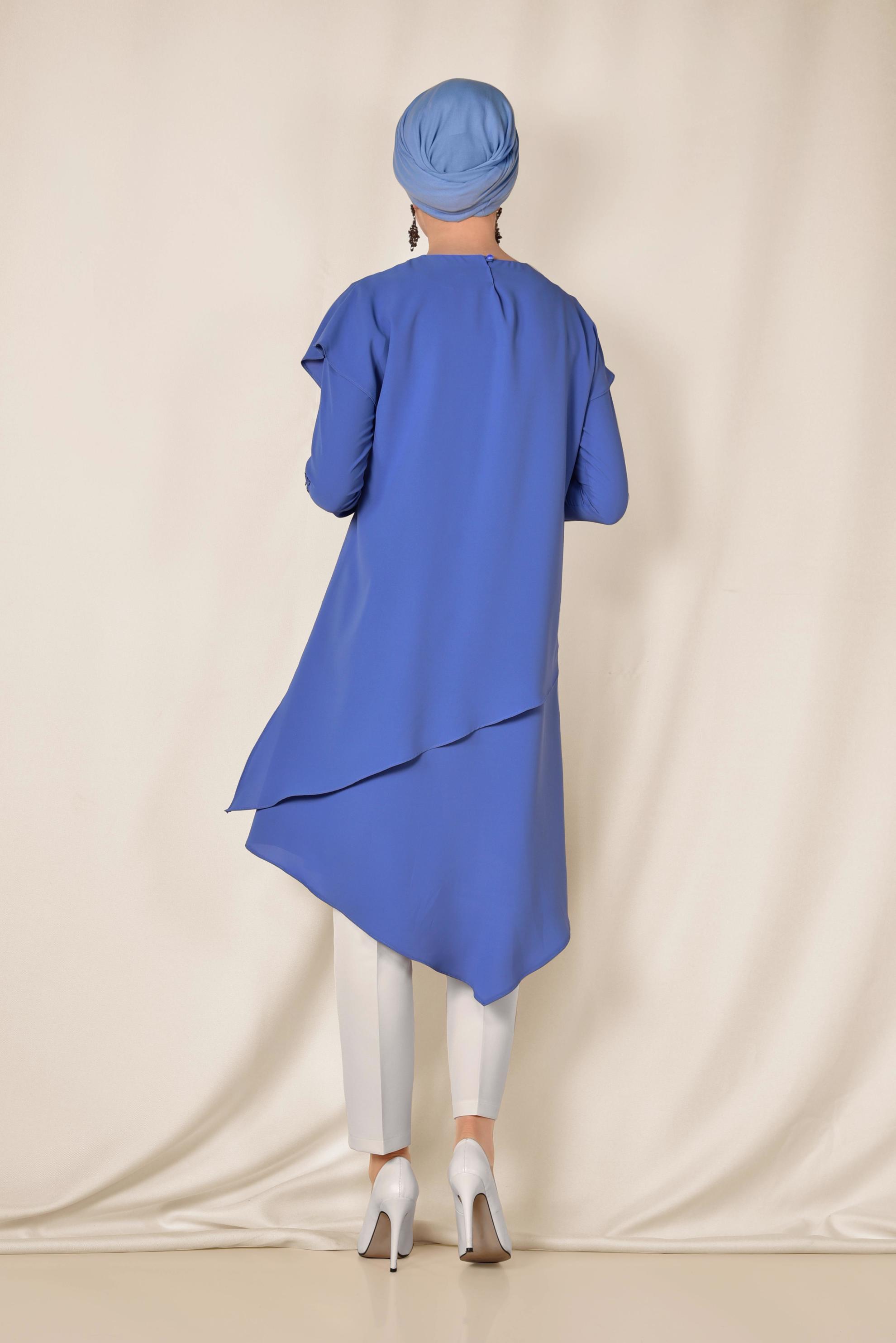 Tesettür giyim MAVİ KOLU NAKIŞLI ASİMETRİK 2&prime;Lİ PANTOLONLU TAKIM 3517