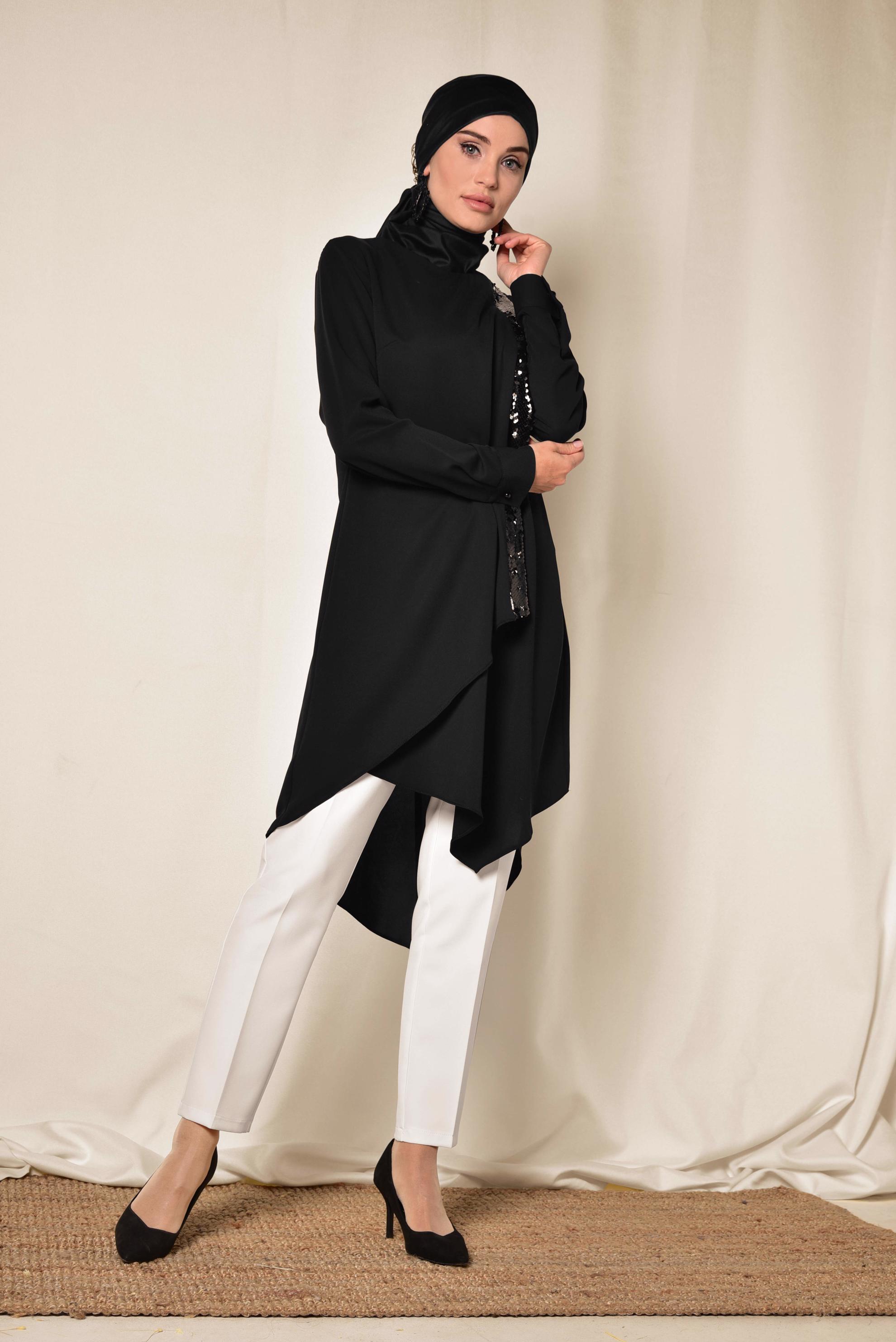 Tesettür giyim SİYAH PUL PAYET DETAYLI ASİMETRİK İKİLİ PANTOLONLU TAKIM 3519