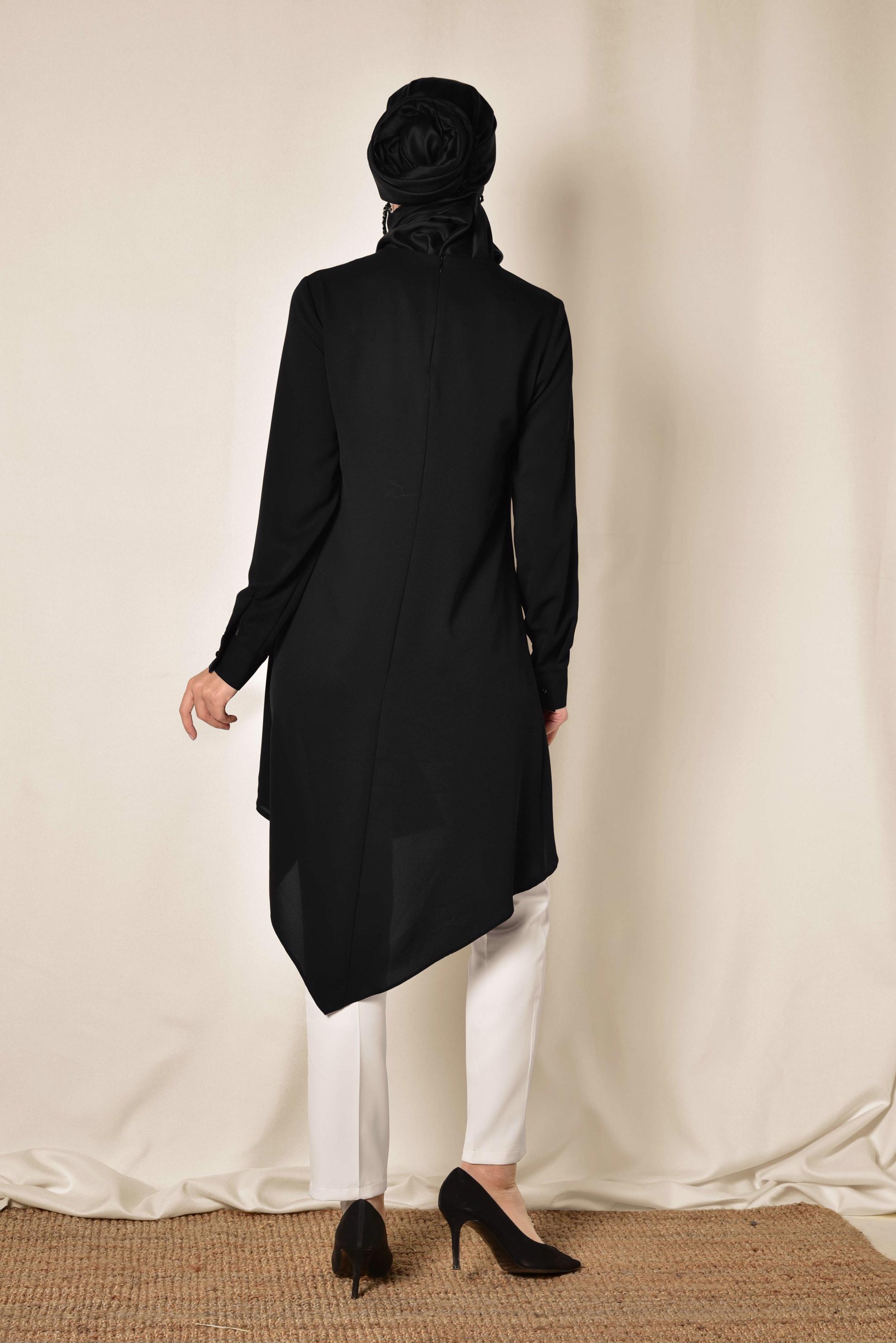 Tesettür giyim SİYAH PUL PAYET DETAYLI ASİMETRİK İKİLİ PANTOLONLU TAKIM 3519