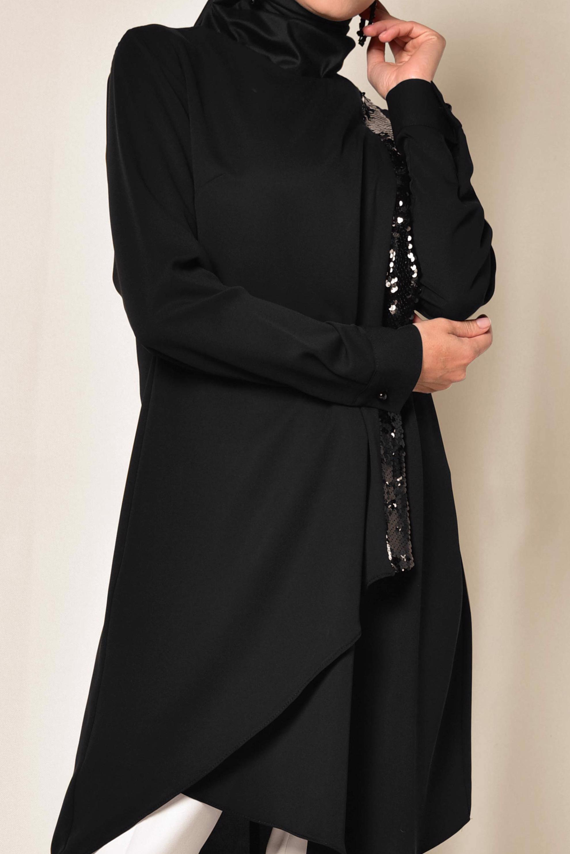 Tesettür giyim SİYAH PUL PAYET DETAYLI ASİMETRİK İKİLİ PANTOLONLU TAKIM 3519