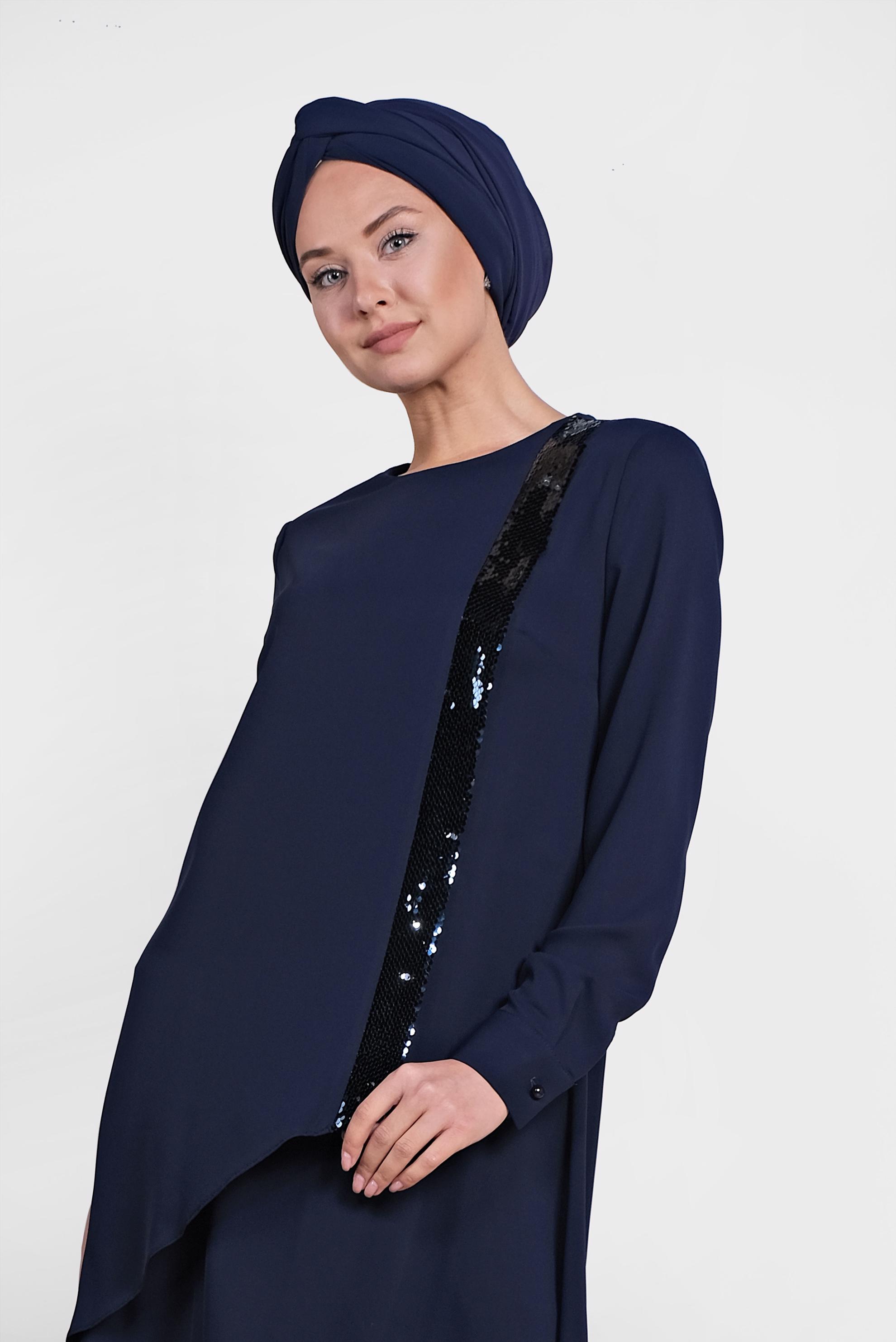 Tesettür giyim LACİVERT PUL PAYET DETAYLI ASİMETRİK İKİLİ PANTOLONLU TAKIM 3519