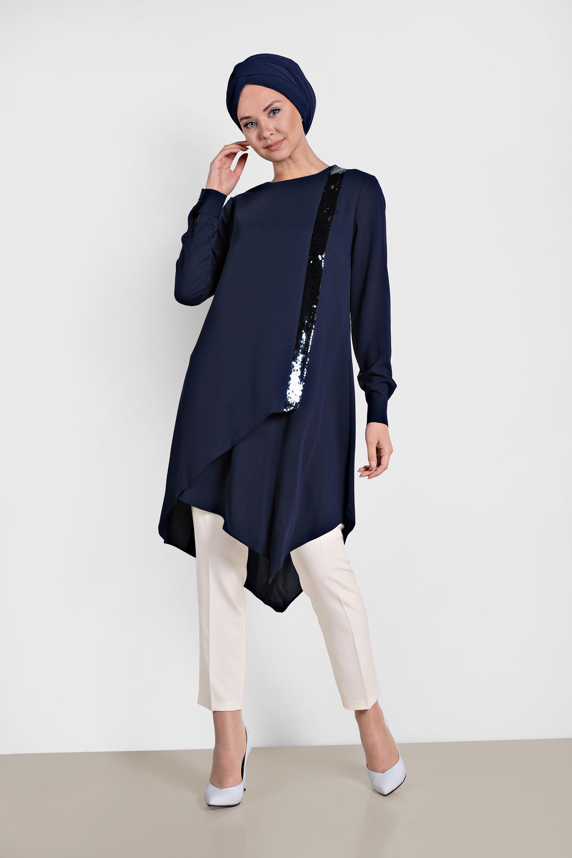 Tesettür giyim LACİVERT PUL PAYET DETAYLI ASİMETRİK İKİLİ PANTOLONLU TAKIM 3519