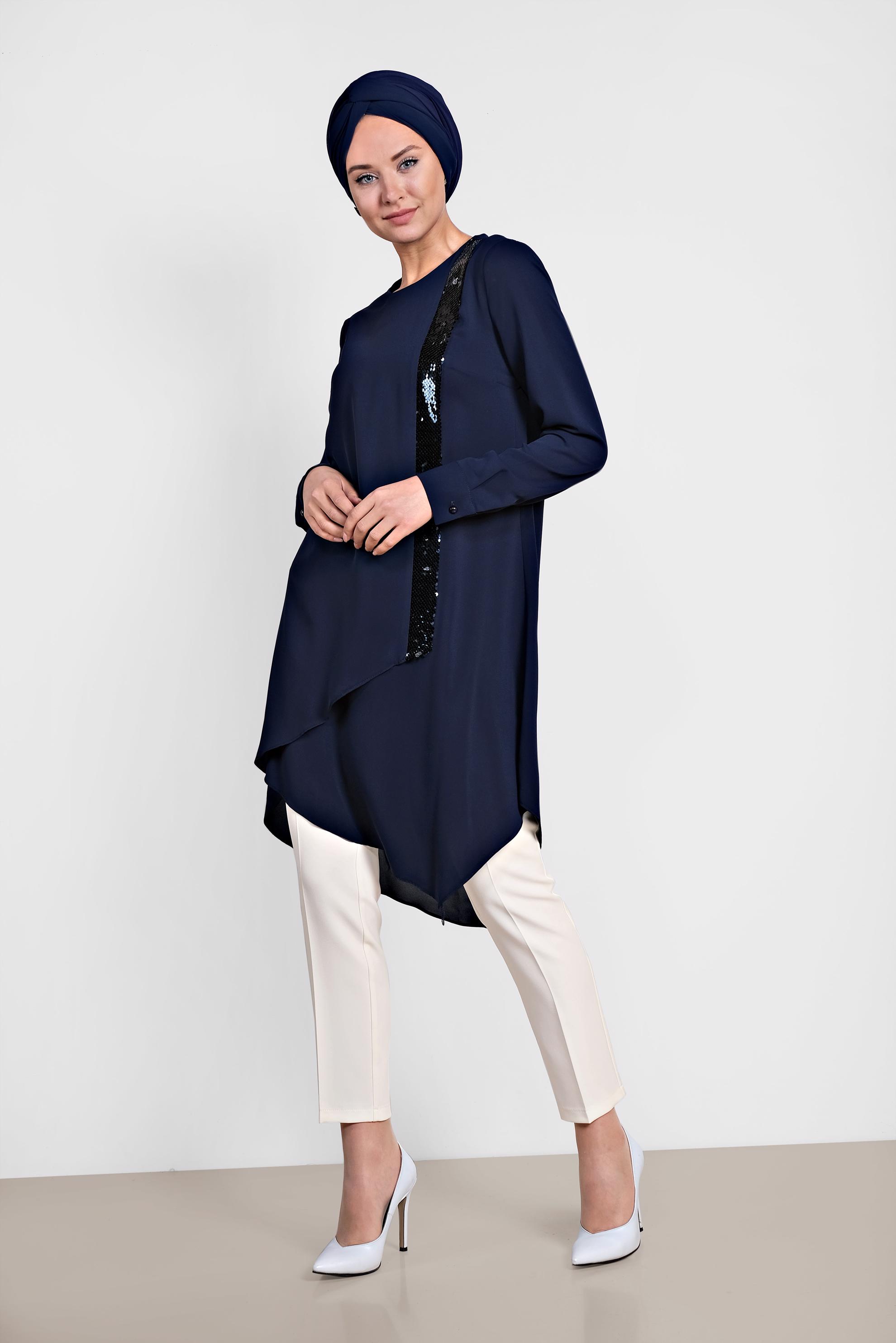 Tesettür giyim LACİVERT PUL PAYET DETAYLI ASİMETRİK İKİLİ PANTOLONLU TAKIM 3519