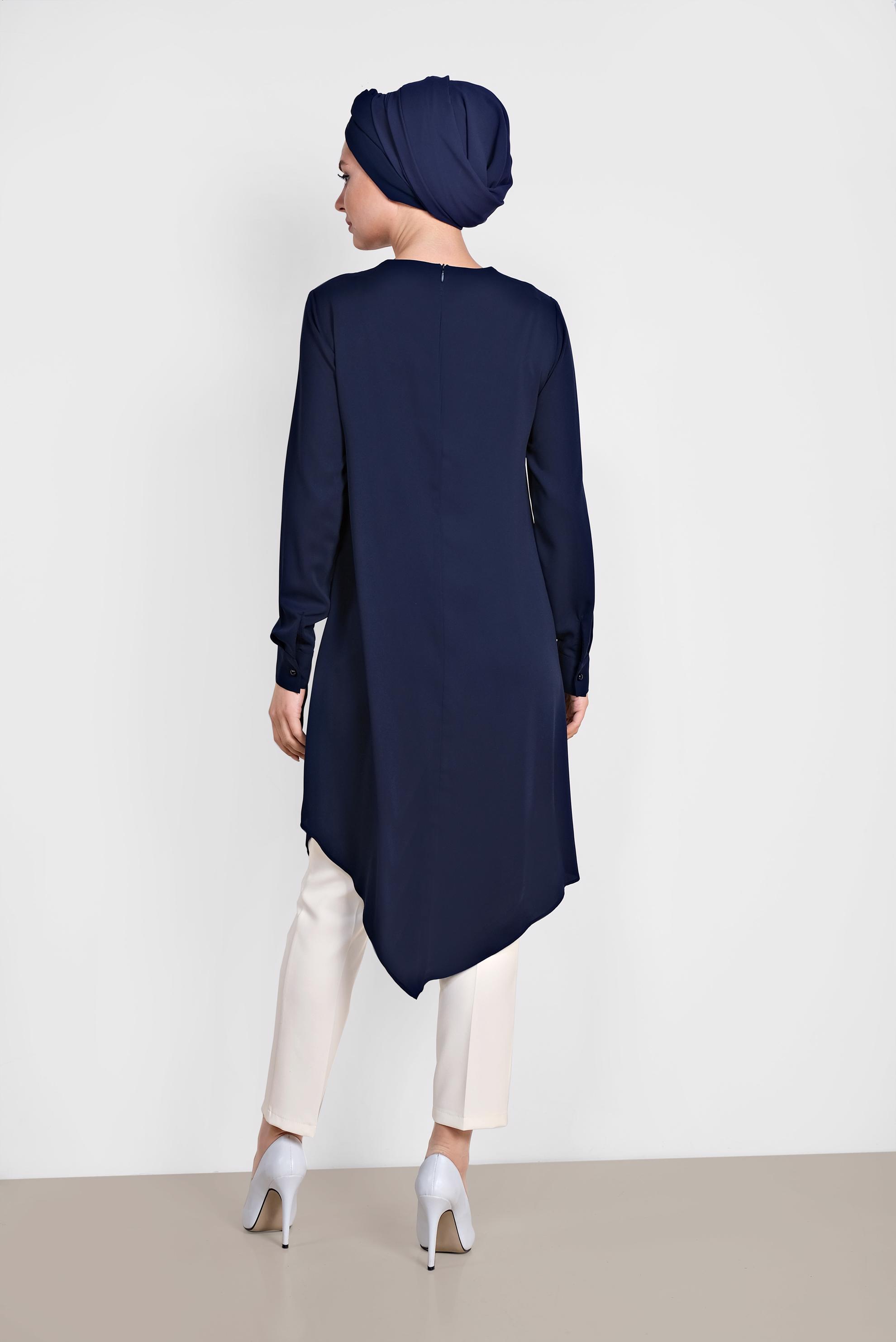 Tesettür giyim LACİVERT PUL PAYET DETAYLI ASİMETRİK İKİLİ PANTOLONLU TAKIM 3519