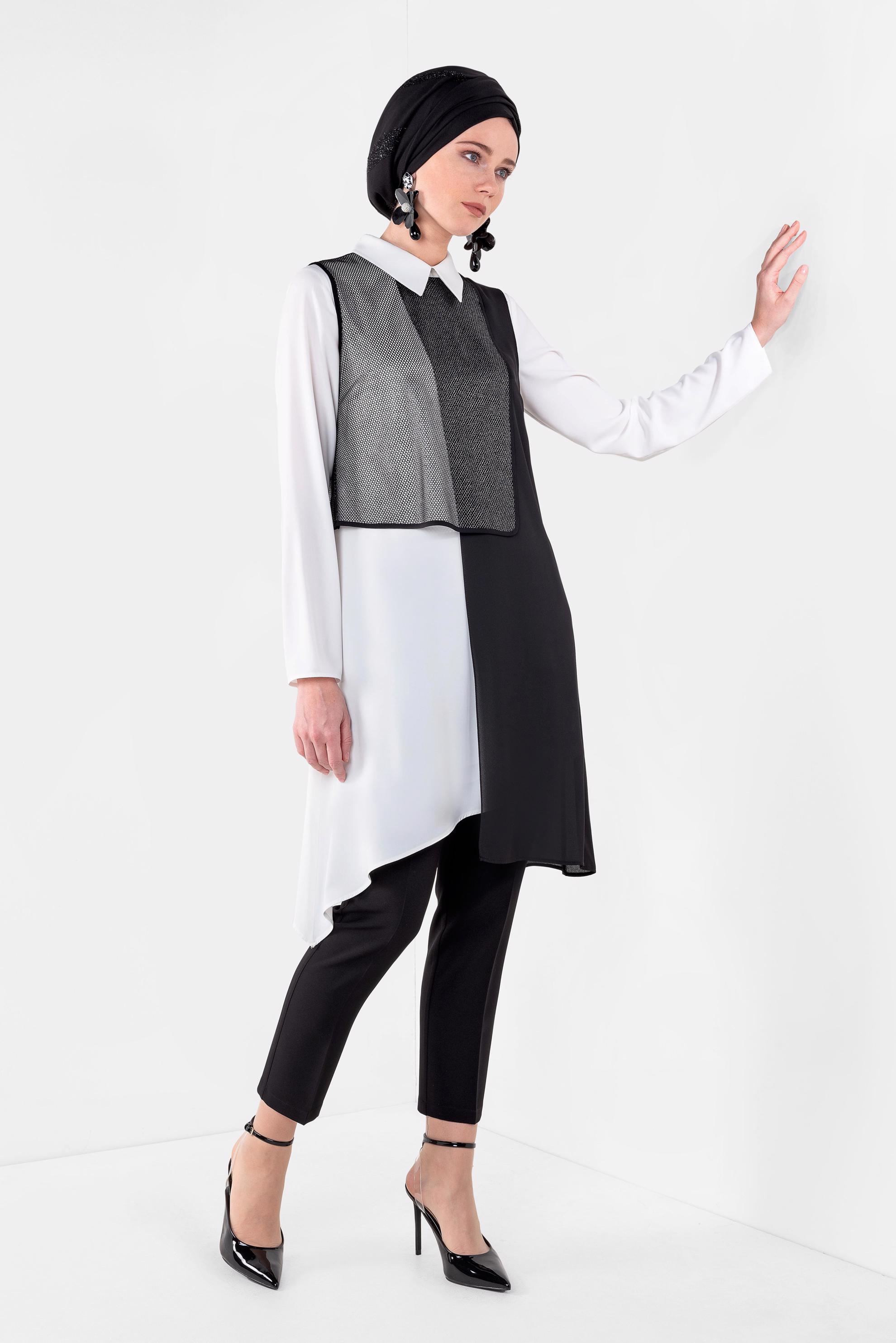 Tesettür giyim SİYAH FİLE DETAYLI ASİMETRİK ÜÇLÜ PANTOLONLU TAKIM 3520