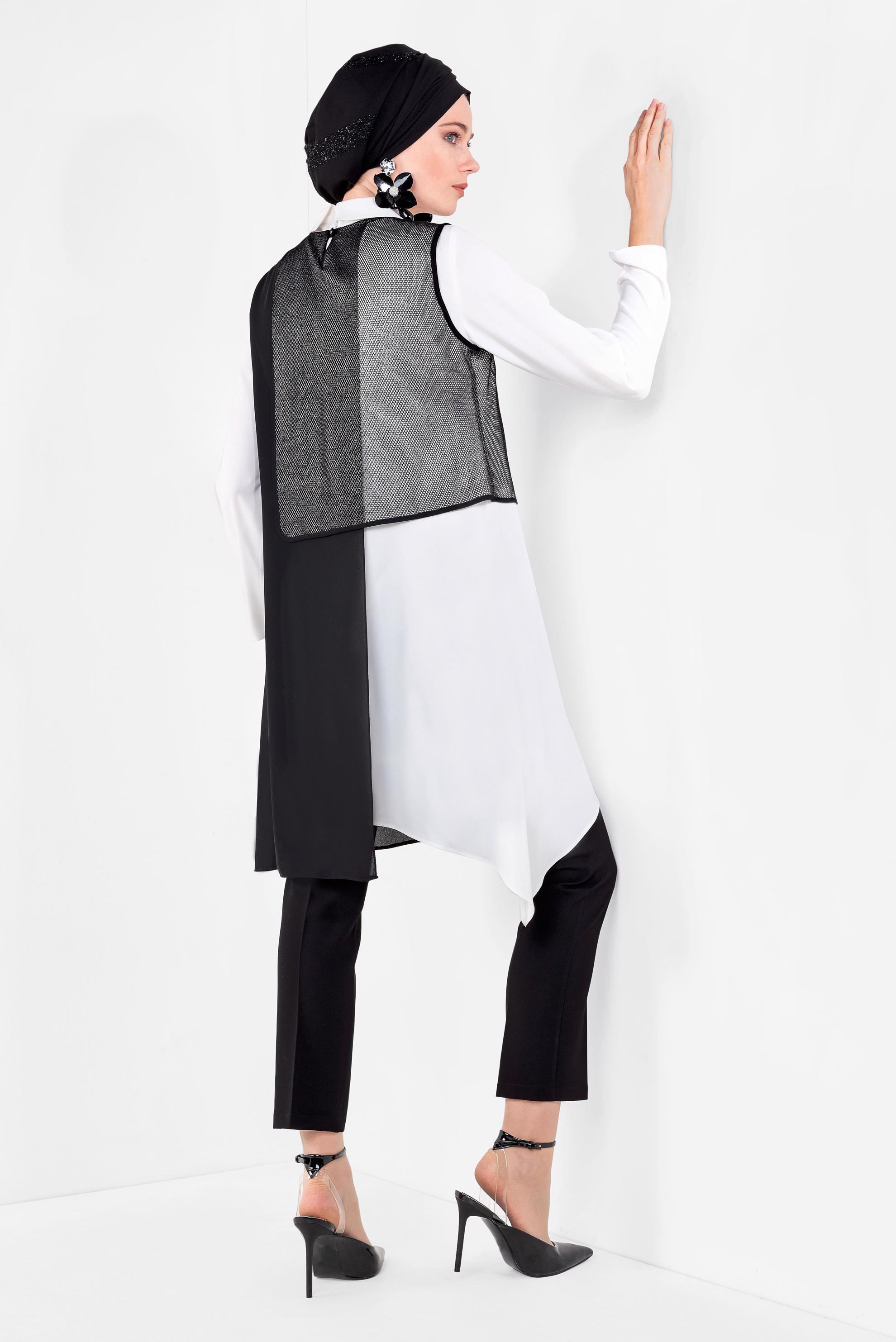 Tesettür giyim SİYAH FİLE DETAYLI ASİMETRİK ÜÇLÜ PANTOLONLU TAKIM 3520