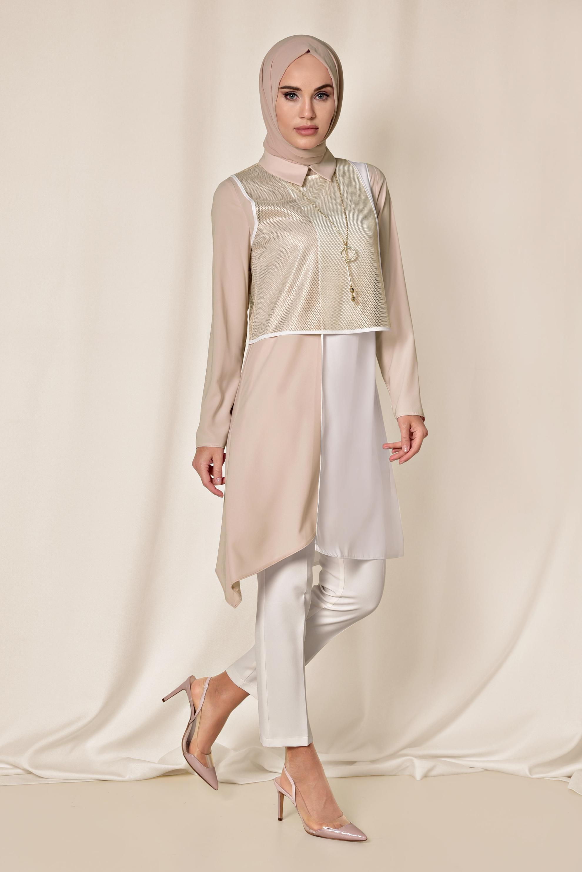 Tesettür giyim BEYAZ FİLE DETAYLI ASİMETRİK ÜÇLÜ PANTOLONLU TAKIM 3520